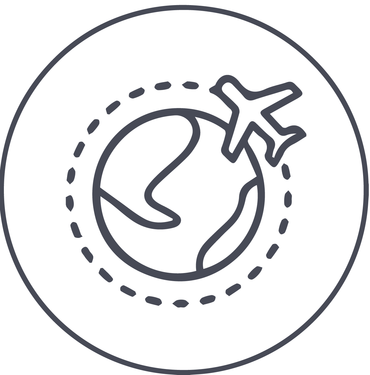 Airplane flying around the Earth with dashed lines indicating travel routes.