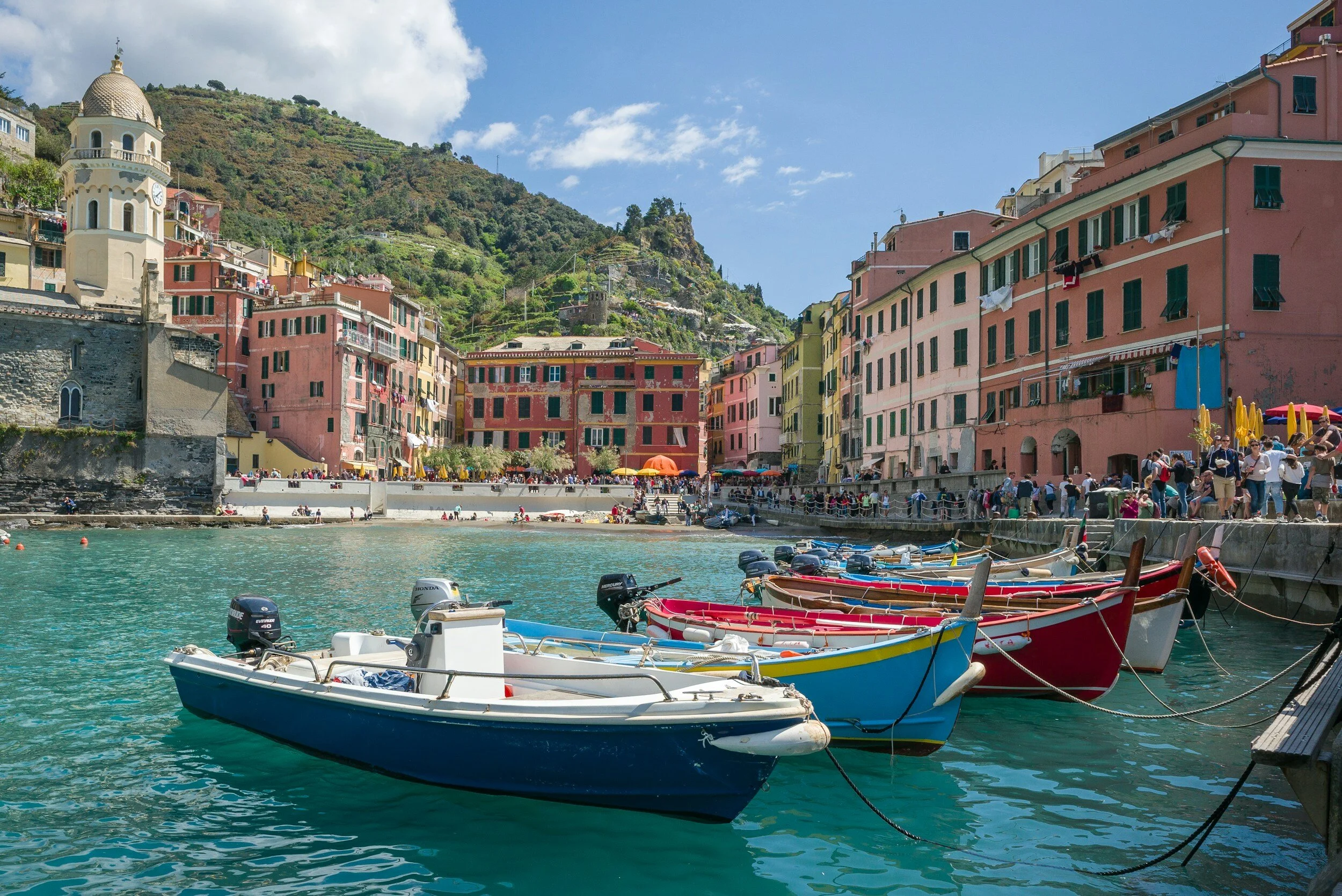 Colorful boats docked in a harbor with a seaside town featuring pastel-colored buildings and a hillside in the background.