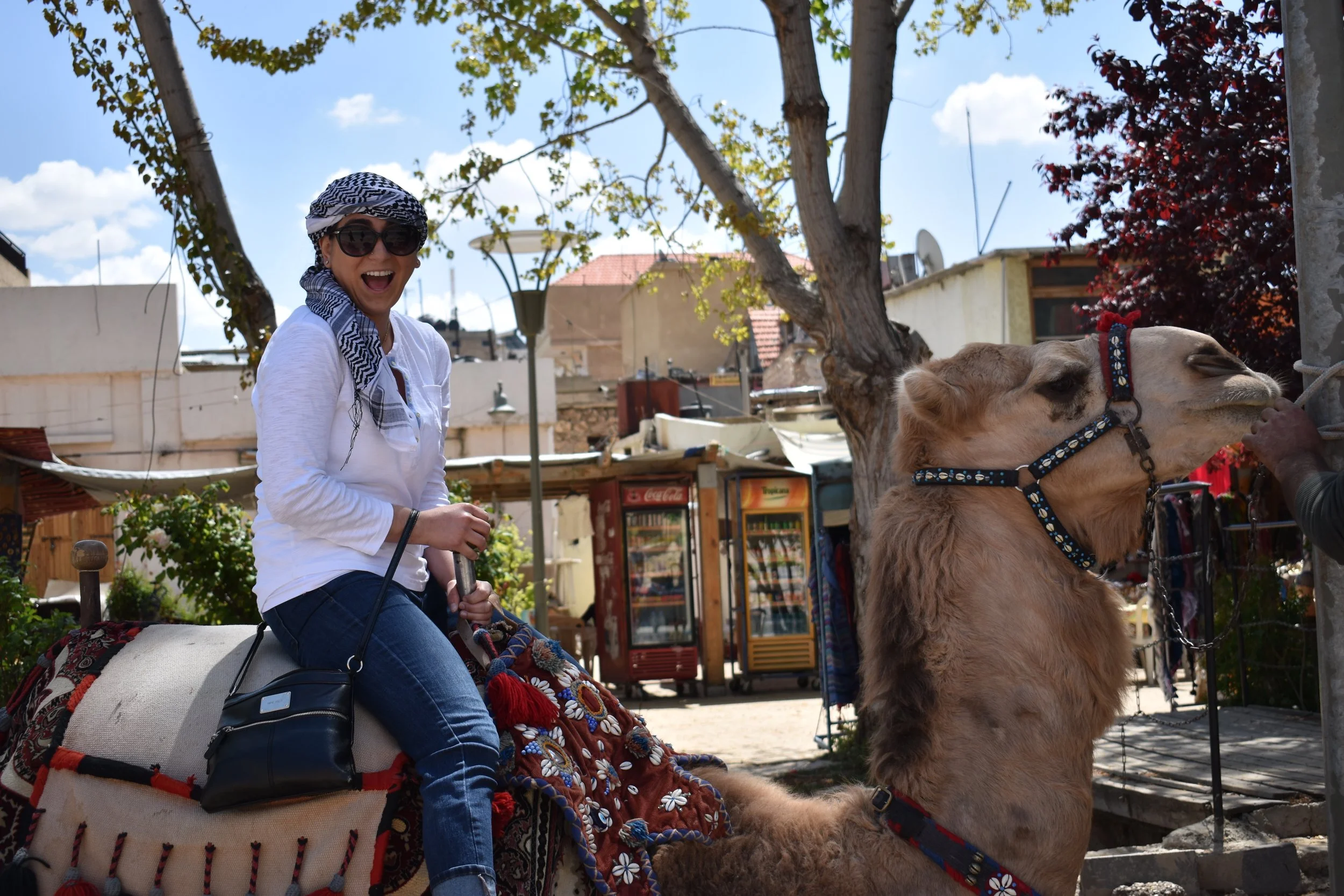 A woman with sunglasses, a headscarf, and a white shirt is riding a camel, smiling and holding onto the saddle. The camel is being fed by a person off-camera. The scene takes place outdoors on a sunny day with trees, buildings, and some vending machi