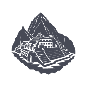 Illustration of an ancient stepped pyramid with a mountain peak in the background.