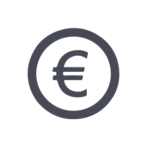 A black and white icon of a Euro currency symbol inside a circle.