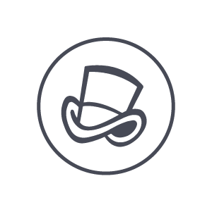 Illustration of a top hat with a monocle and mustache inside a circle