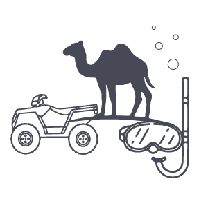 An illustration of a camel, a car, snorkeling gear, and bubbles, suggesting a desert or aquatic adventure theme.
