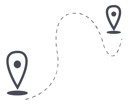 A simple map with two location markers connected by a dotted path.