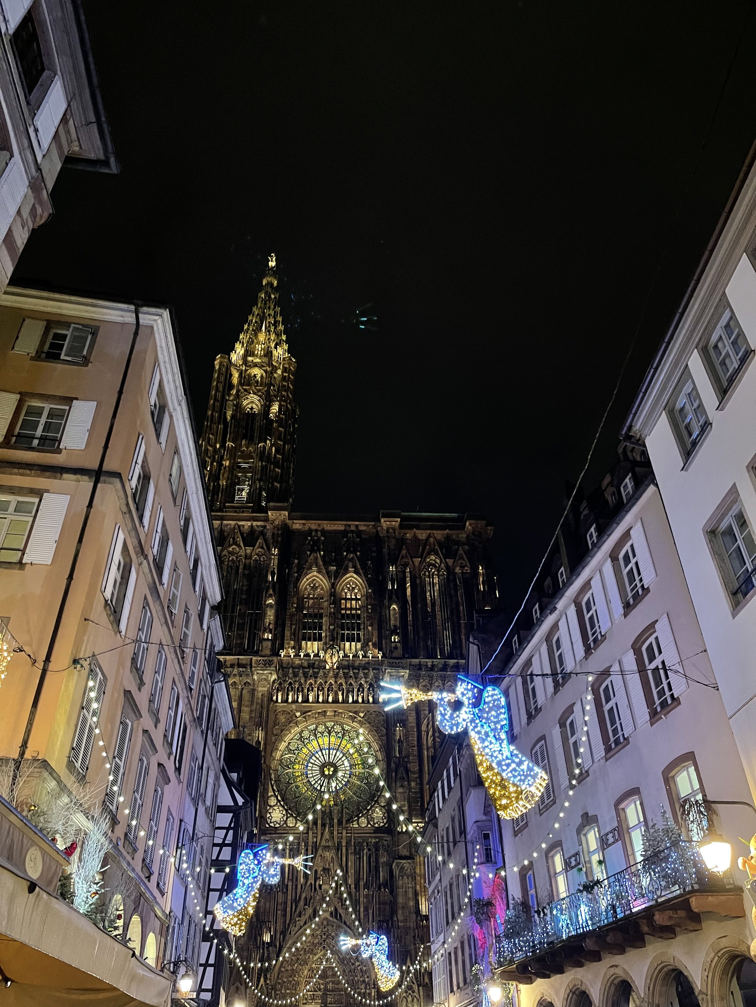 Night view of a Gothic-style cathedral with illuminated stained glass windows and flying angel decorations with lights on a city street decorated for Christmas.