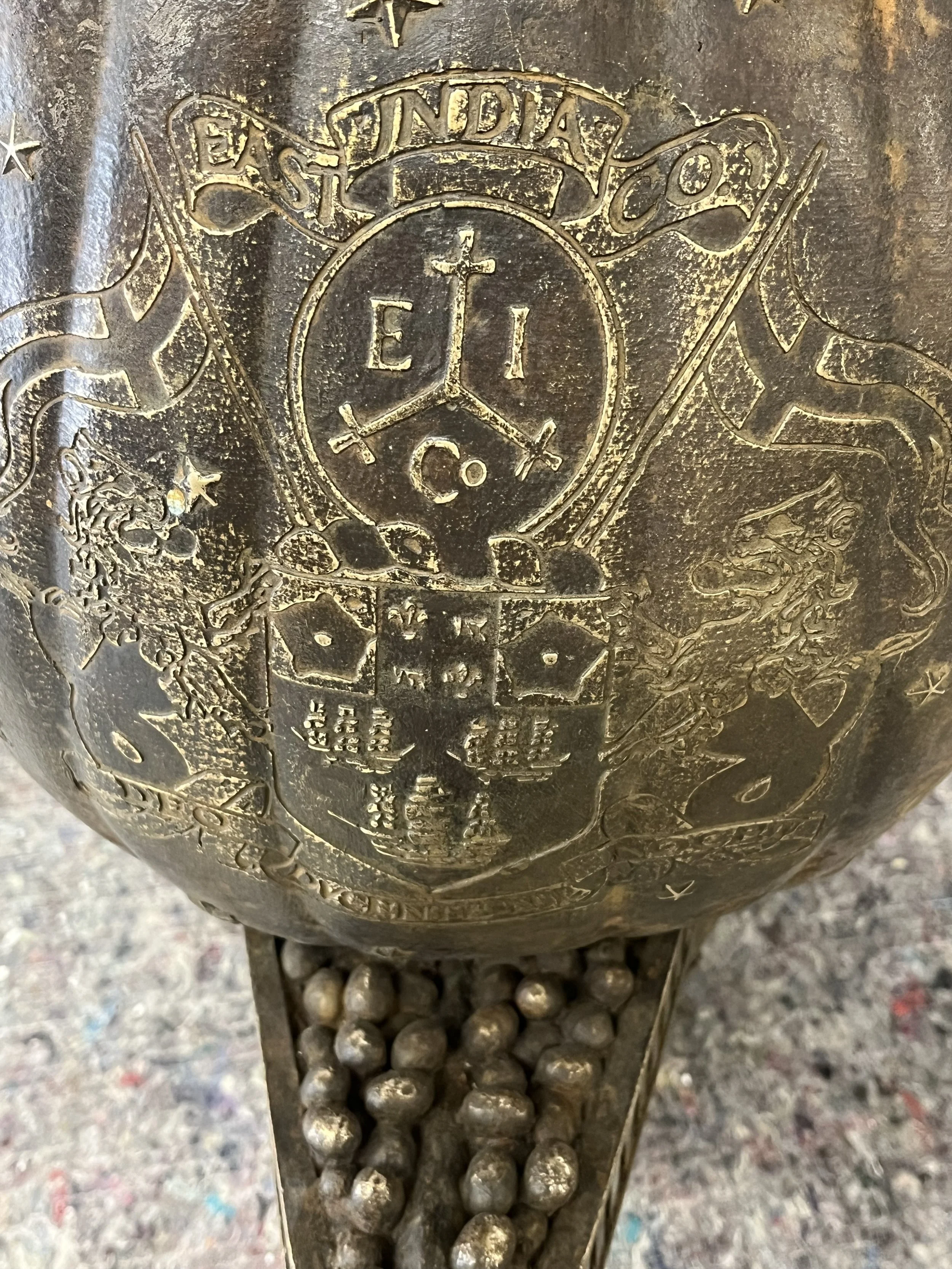 Detail of the Carrack, showing the East India Company Coat of Arms on the sail, and cargo of breadfruit