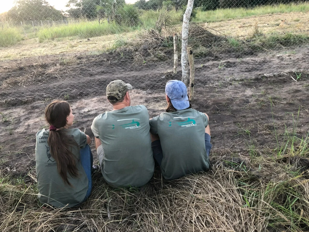 The Haldane family, Mark and his son Dustan and daughter Heather watch as the lions take their first steps on Mozambique soil.
