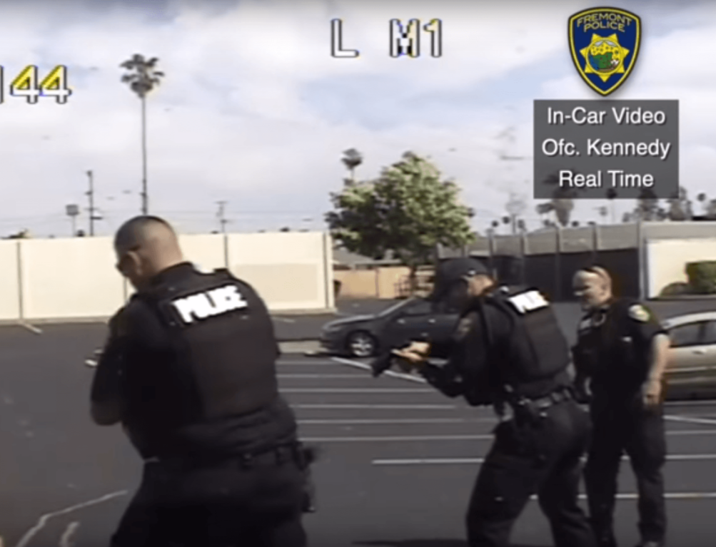 A still from Fremont Police in-car video taken during the shooting of Rolonte Simril on May 29, 2017.