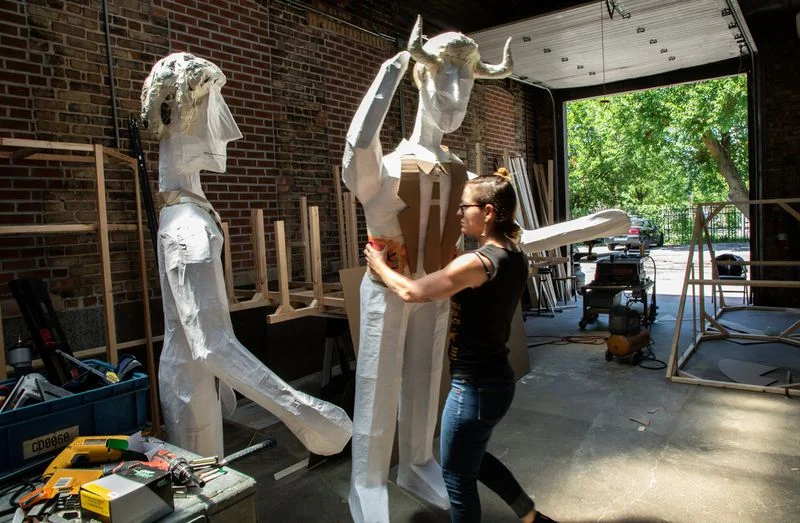 Mexican artist Adela Goldbard works on her installation titled "The Last Judgement" at a workshop in Little Village in Chicago on July 22, 2019. The large-scale sculpture is commissioned for the Illinois Humanities exhibition called "Envisioning Justice," which will premiere Aug. 6. (Zbigniew Bzdak / Chicago Tribune)