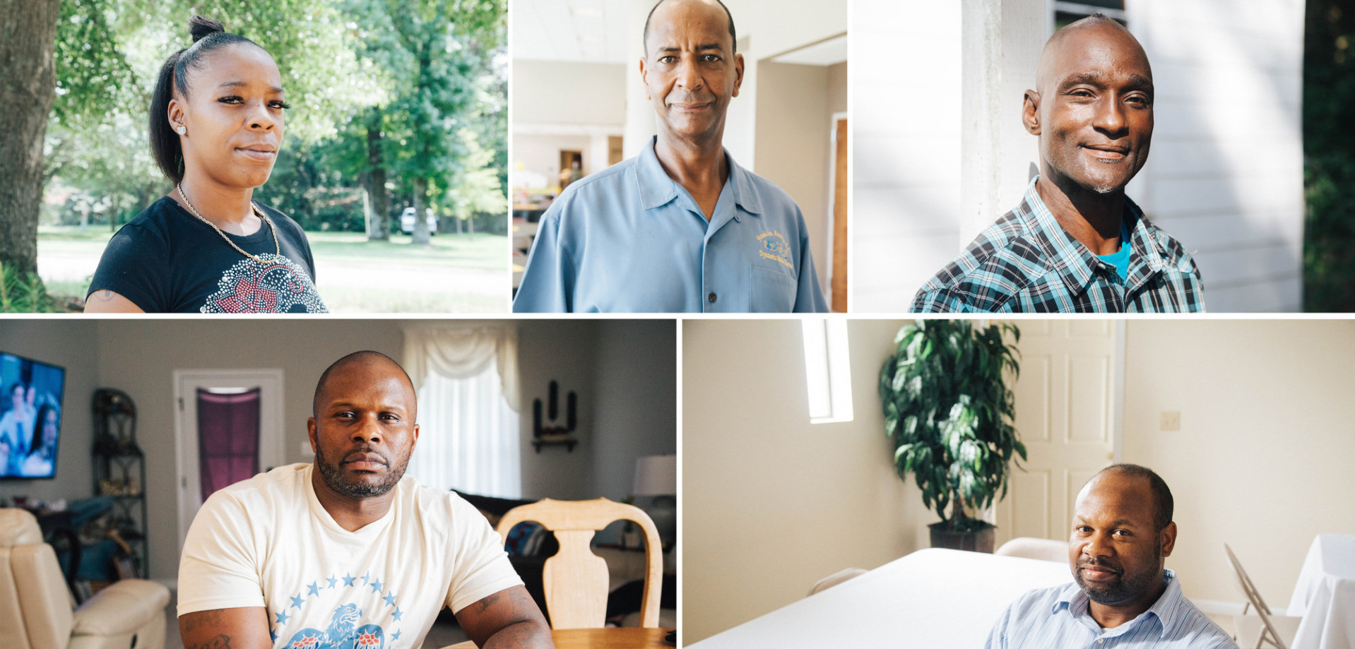 Clockwise from top left: Patrice Sparks, Clint Williams, Lionel Paul Dugas, Charles Blue and Detric Linner. PHOTOGRAPHS BY AKASHA RABUT FOR THE MARSHALL PROJECT
