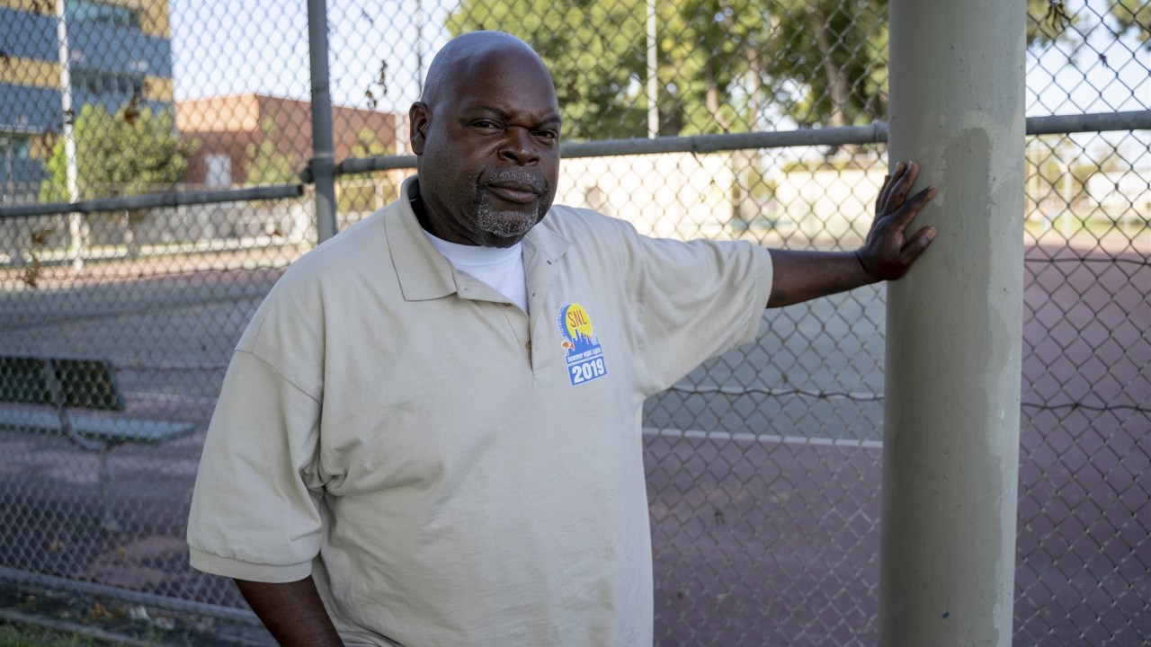 Larry Sanders, 58, a gang interventionist contracted by the city of Los Angeles, was stopped by the LAPD's gang task where he works and added to the city's gang database.Jim Seida / NBC News