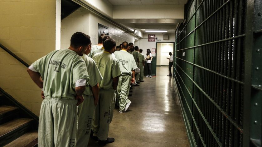 I nmates line up at the Men’s Central Jail. A plan to replace the aging facility is unclear now that the L.A. County Board of Supervisors has rejected a $1.7 billion contract to build a jail-like mental health treatment center partially in the footprint of the Men’s Central Jail. The Sheriff’s Department has said that it needs such a facility to replace the aging jail and reduce strain on its jail network. (Maria Alejandra Cardona / Los Angeles Times)