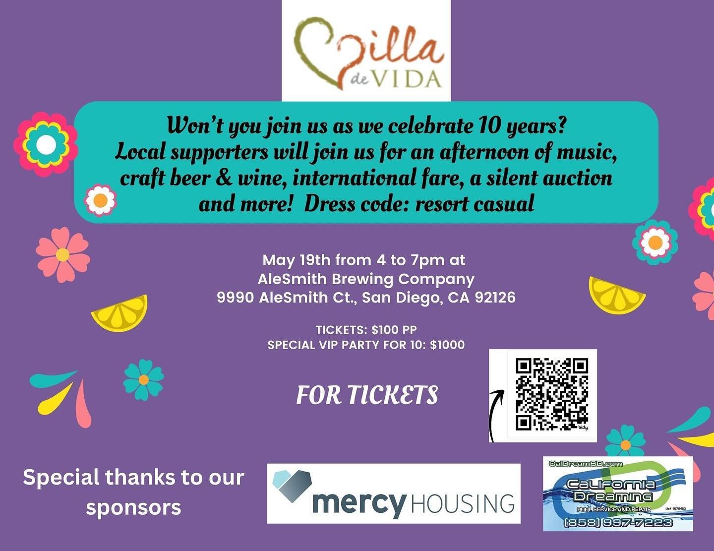 Please join us at Fiesta de Vida as we celebrate 10 years of @villadevidaofficial on Sunday, May 19 at @alesmithbrewing from 4-7pm!