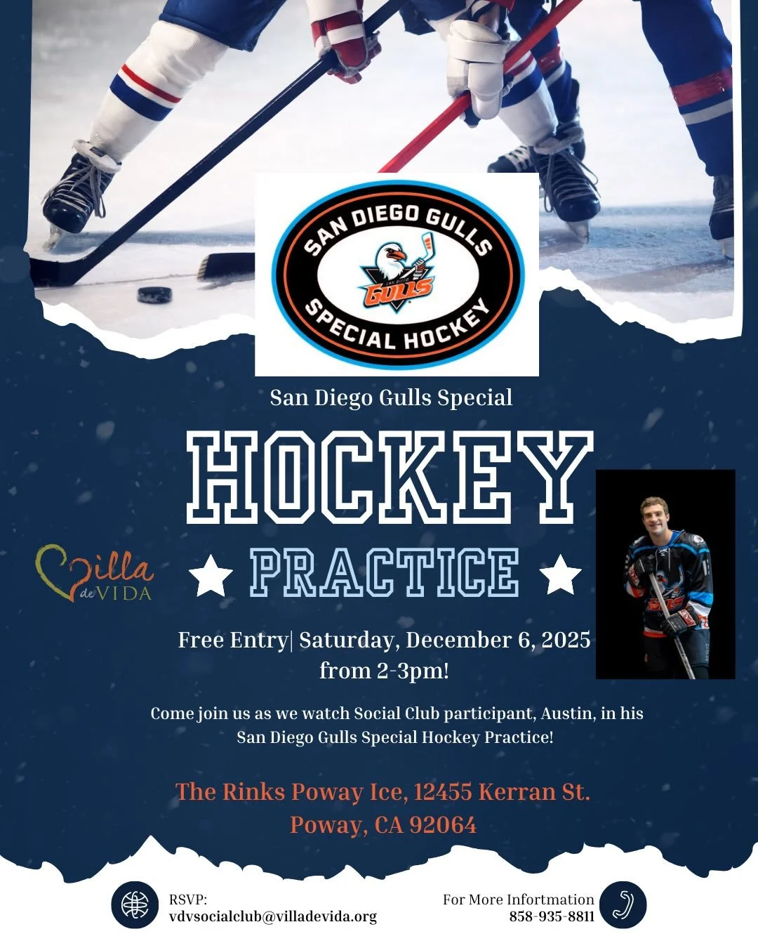 December Social Clubs with Villa de Vida!❄️

Join us this Saturday, December 6th from 2-3PM to support our friend Austin during his hockey practice!🏒🧊

We are also counting down the days for our Holiday PJ Party! A potluck is encouraged, but not re