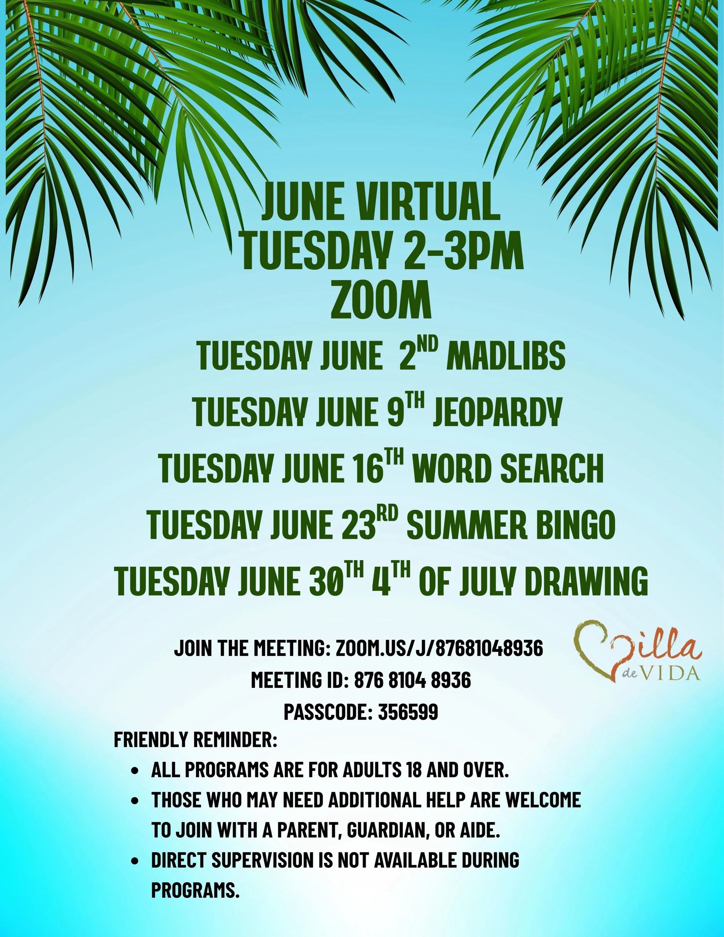 Don forget to join us virtually each Tuesday and Thursday for engaging activities each week! ✨

RSVP to vdvsocialclub@villadevida.org ❤️

#villadevida #community #virtualactivities