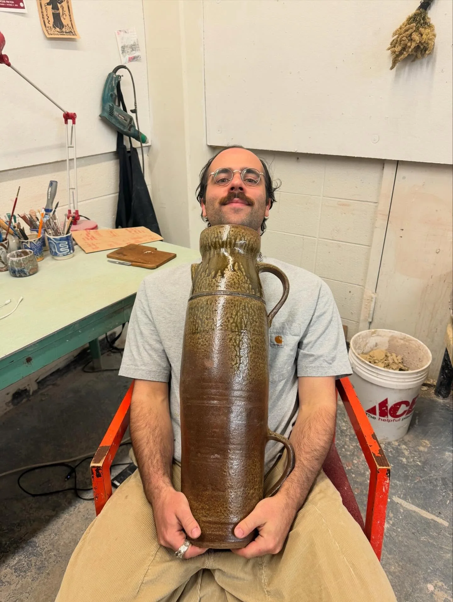 look at how big this butter churn is! This is an Alabama style butter turn with the 2 loop handles and one scoop handle. The glaze on this is made from Katsu ash from my backyard. I have to cut the cut you back every year and I have now taken to burn