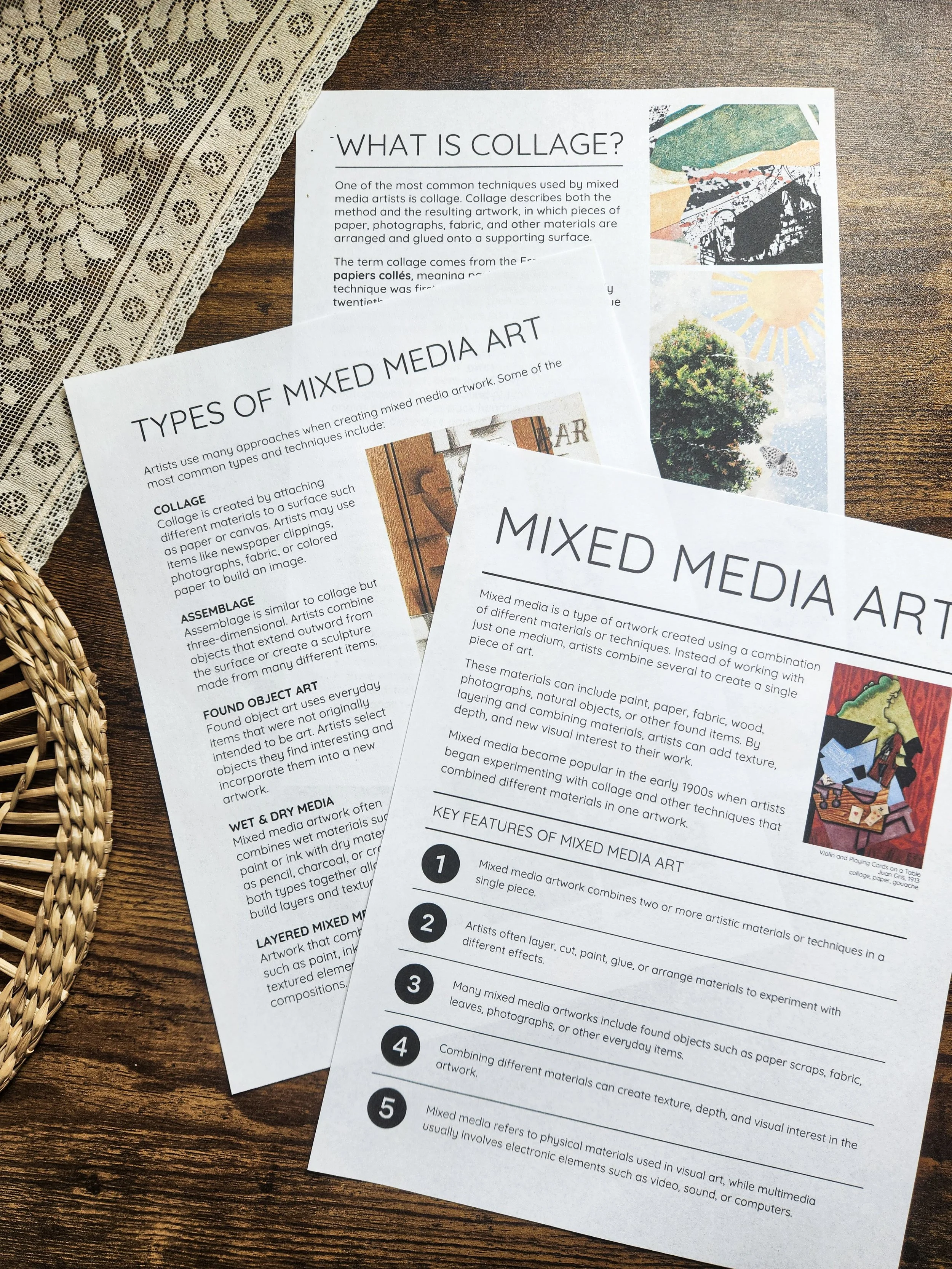 Pages from the lesson on mixed media art and collage.