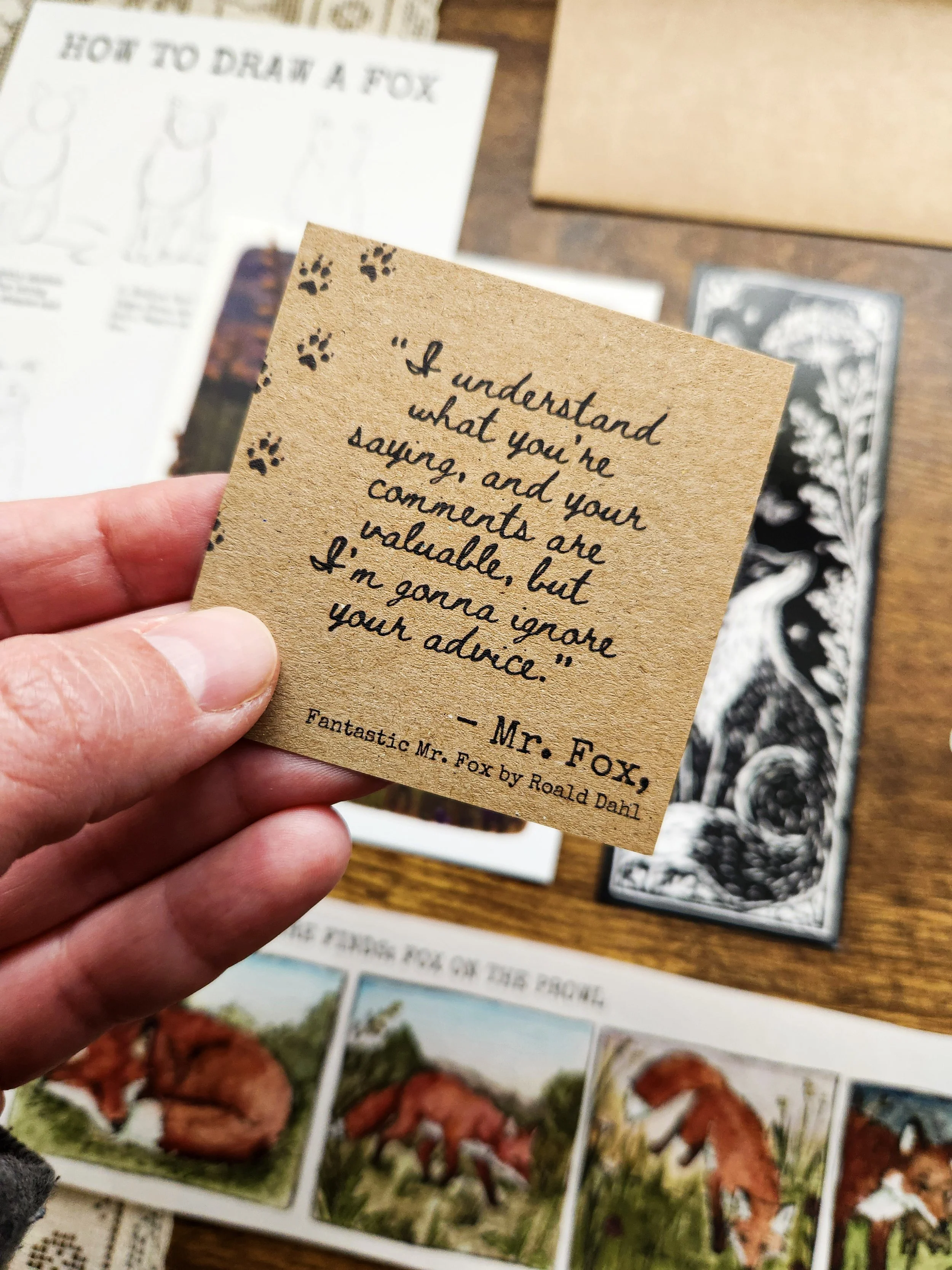 Close-up of back of bonus card with the Fantastic Mr. Fox quote