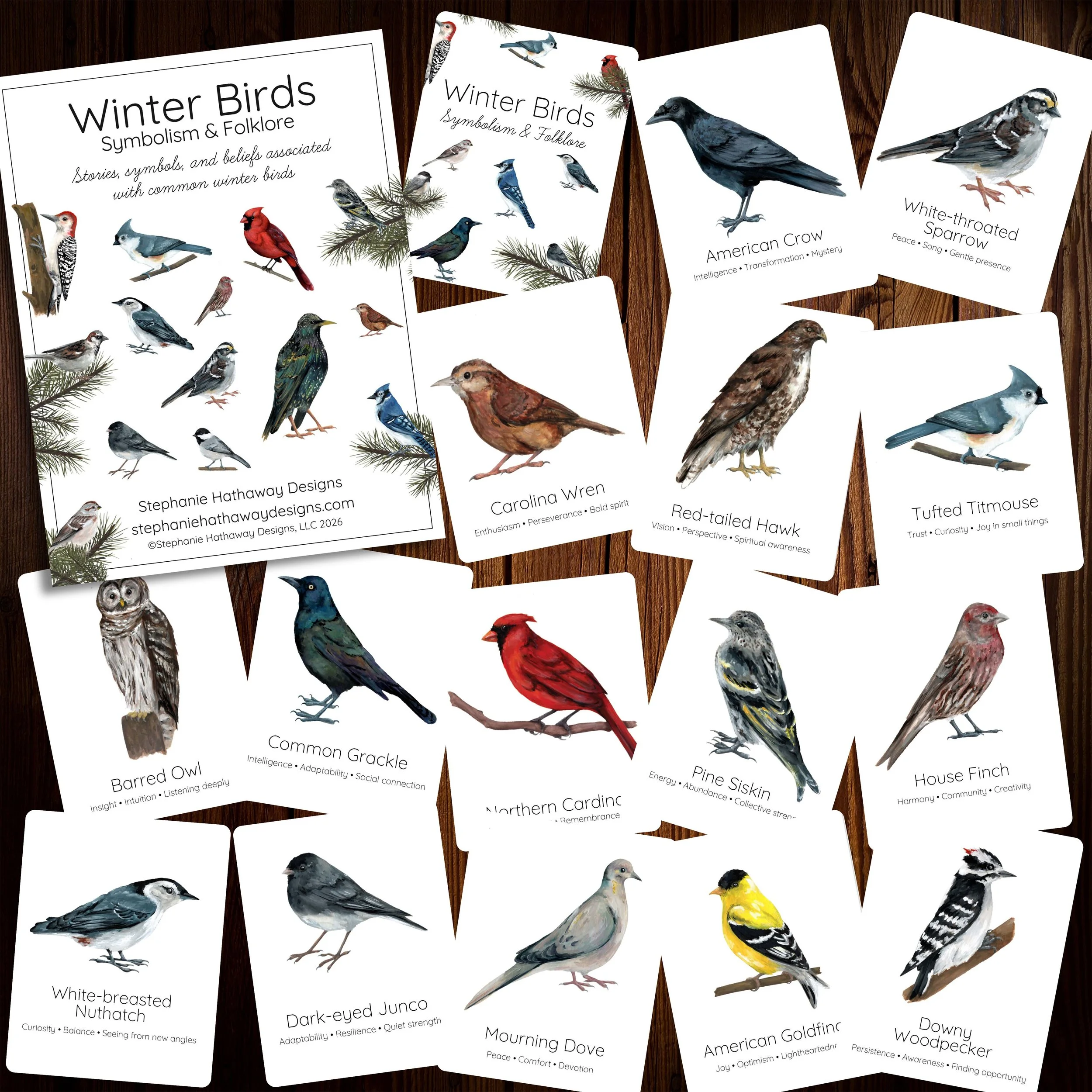 Winter Birds Symbology and Folklore flashcards showing bird illustrations with symbolic meanings and cultural associations.