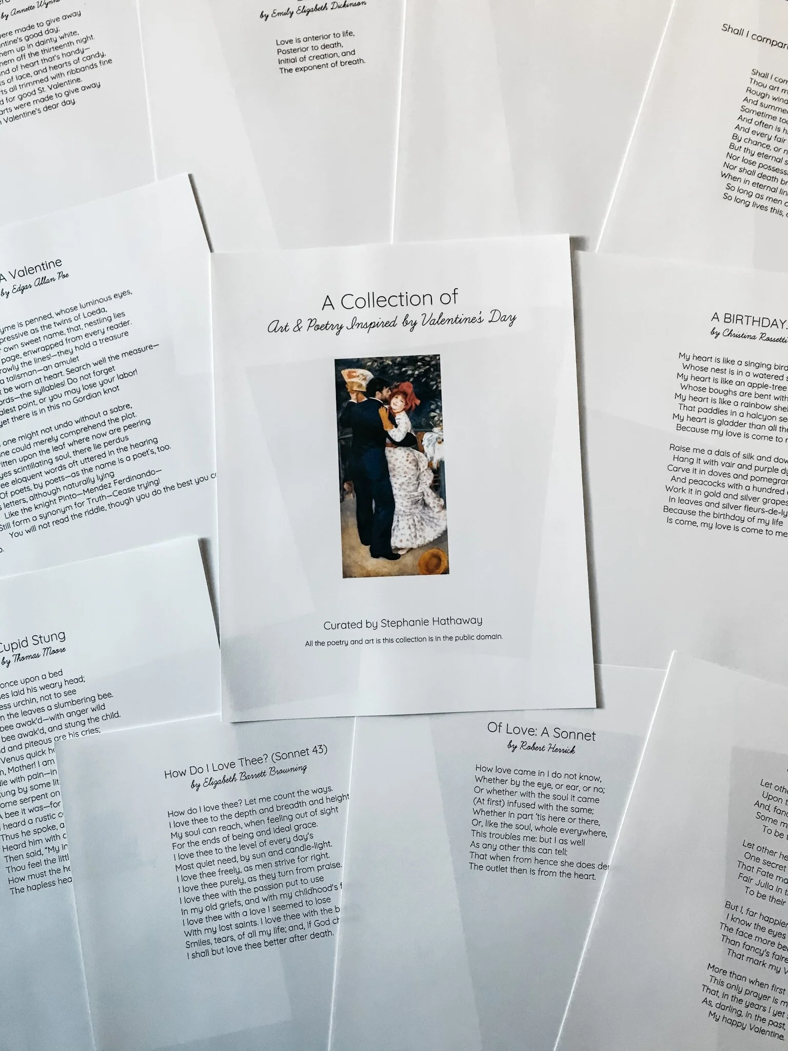 Printed Valentine’s Day pages displayed as wall art, featuring public domain poetry.
