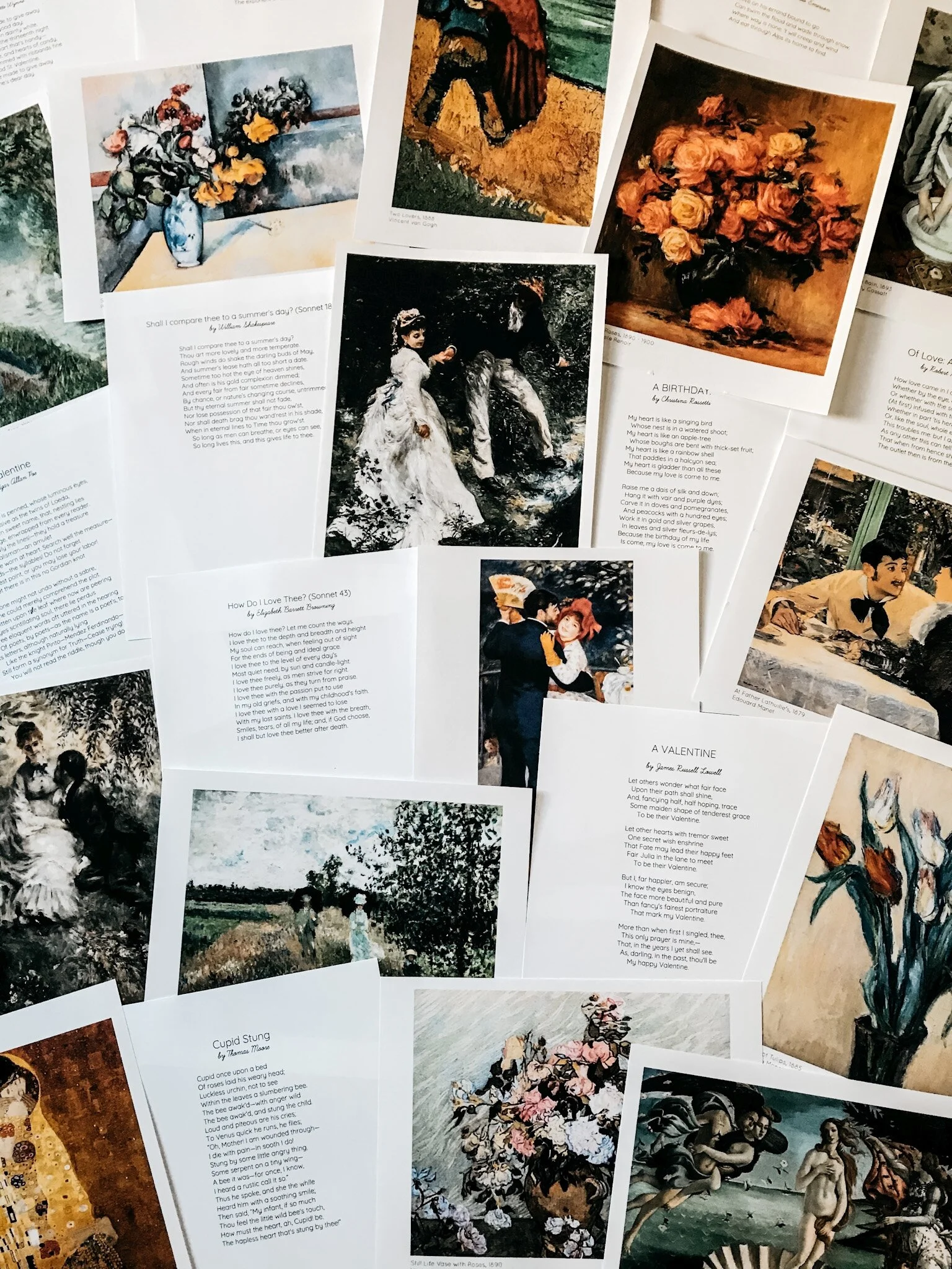 Selection of printable Valentine’s Day pages showing a mix of public domain artwork and poetry.