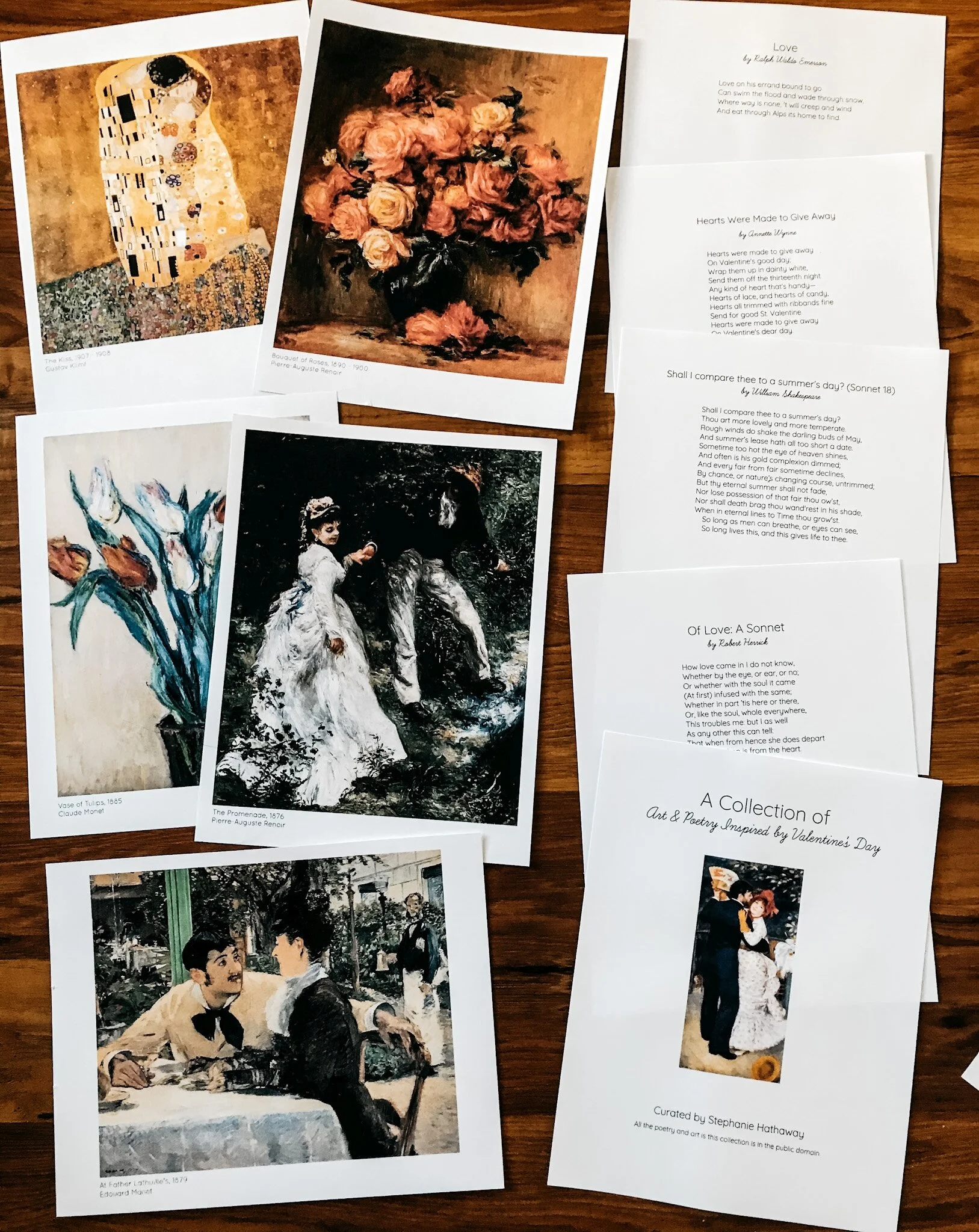 Preview of a Valentine’s Day themed collection featuring public domain artwork and poetry, arranged as printable display pages.