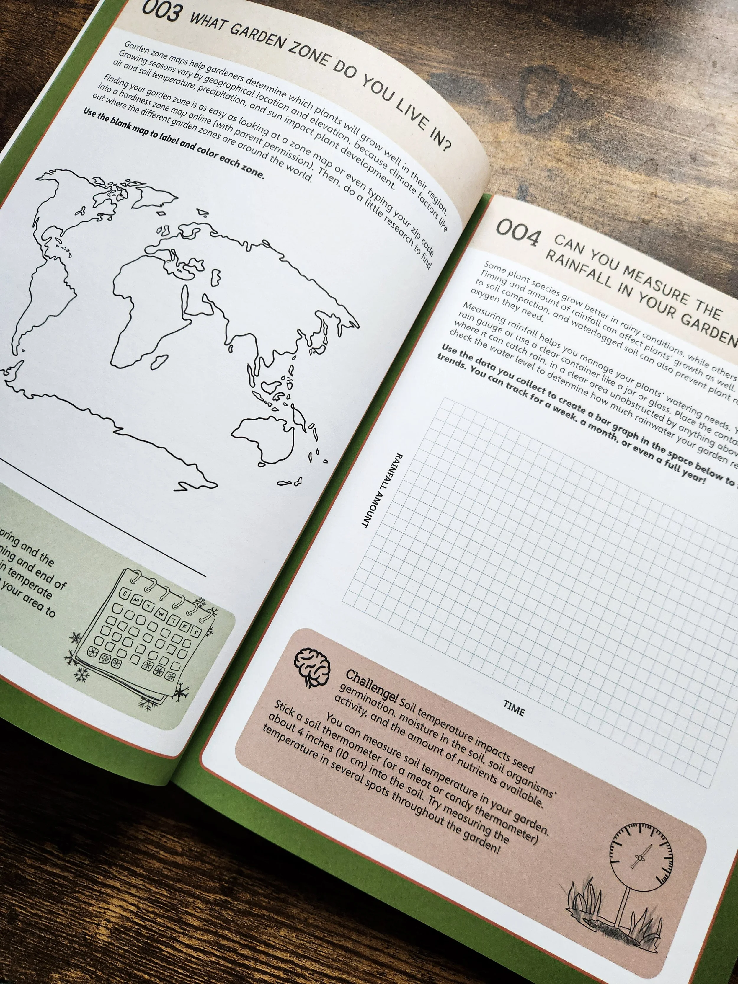 Workbook page featuring an activity where students identify their garden zone and record rainfall as part of learning about regional climate conditions. 