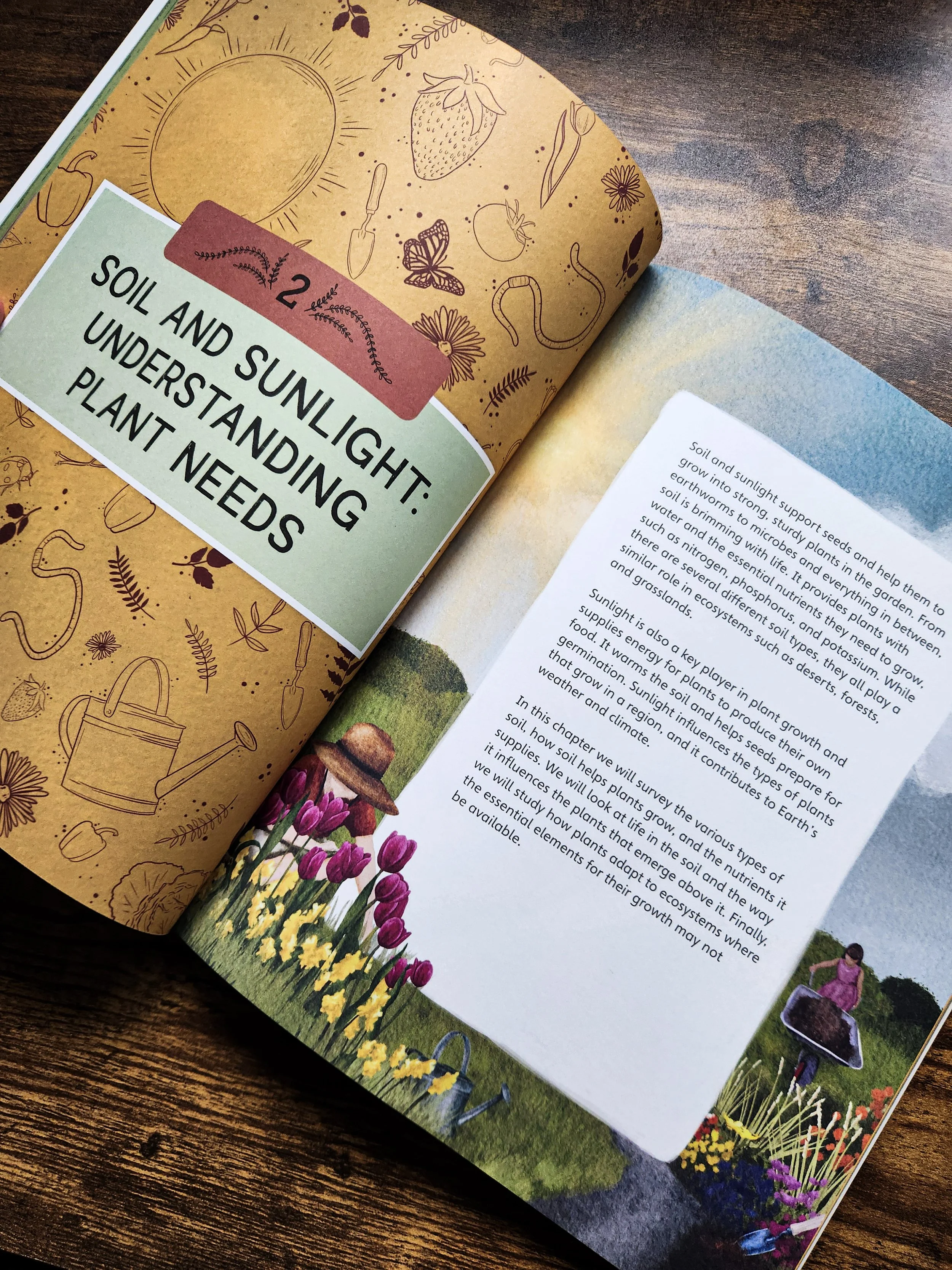   Nature School: In the Garden  opened to the Chapter 2 introduction spread on soil and sunlight. 