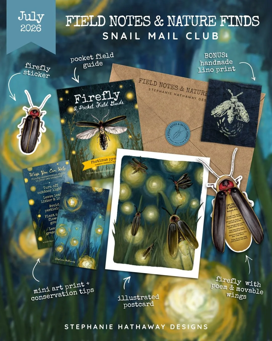 Labeled mockup showing everything included in the July Firefly Field Notes & Nature Finds mail club.