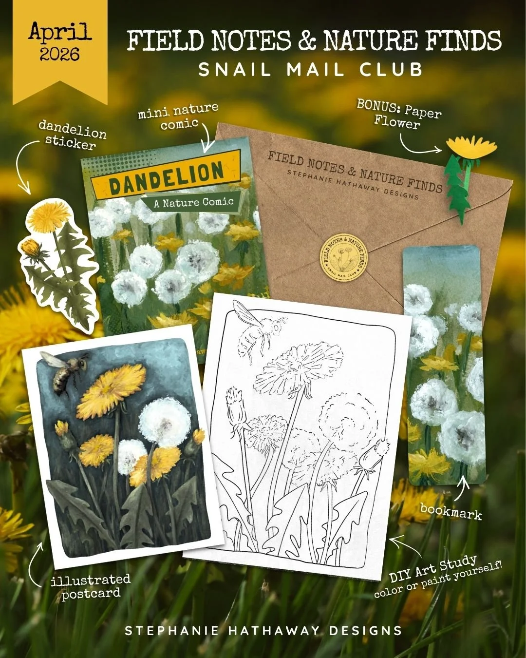 Styled mockup showing all dandelion mail club items together, including art print, sticker, mini comic, bookmark, and DIY art study.