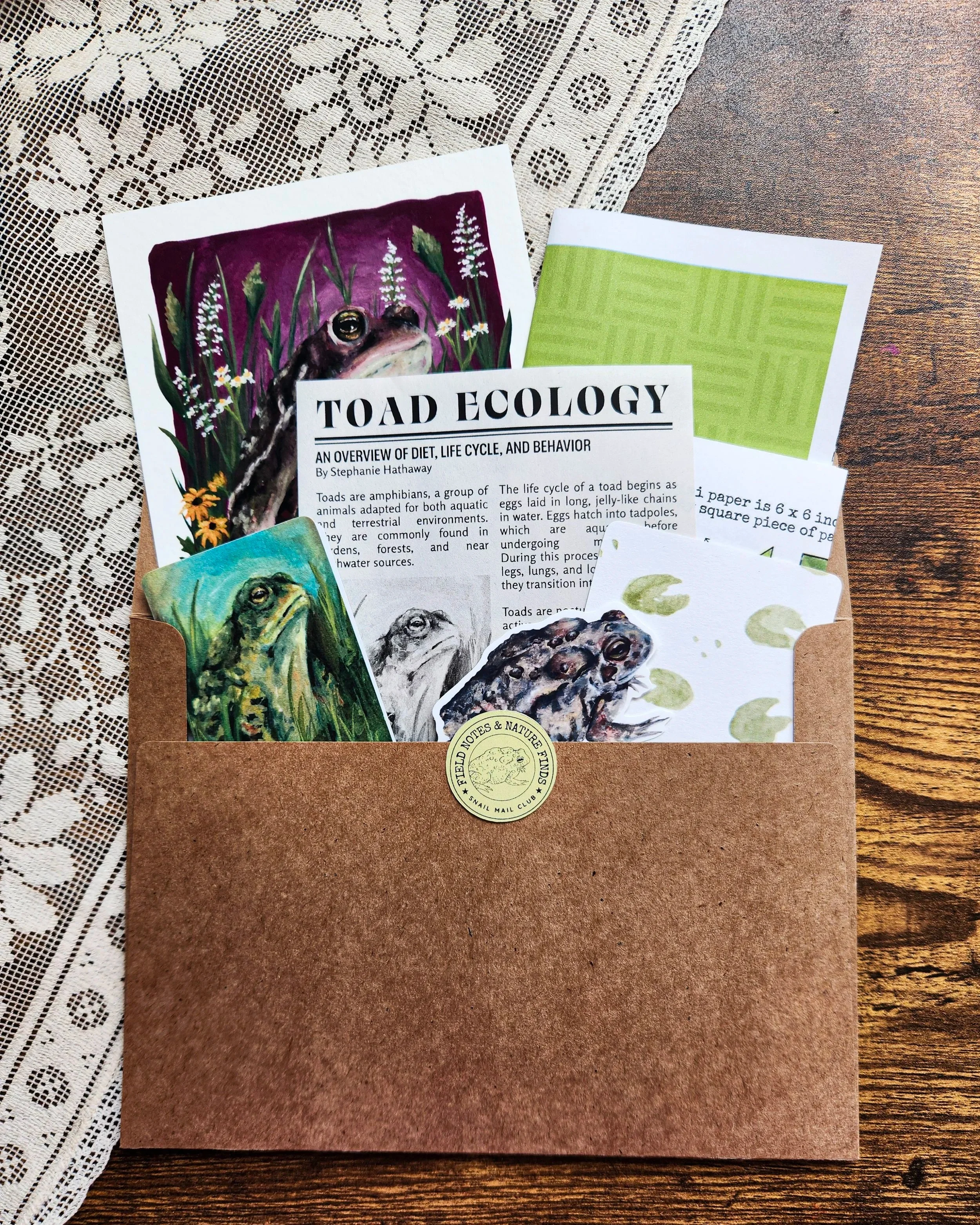 Toad-themed snail mail with illustrated items tucked inside an envelope