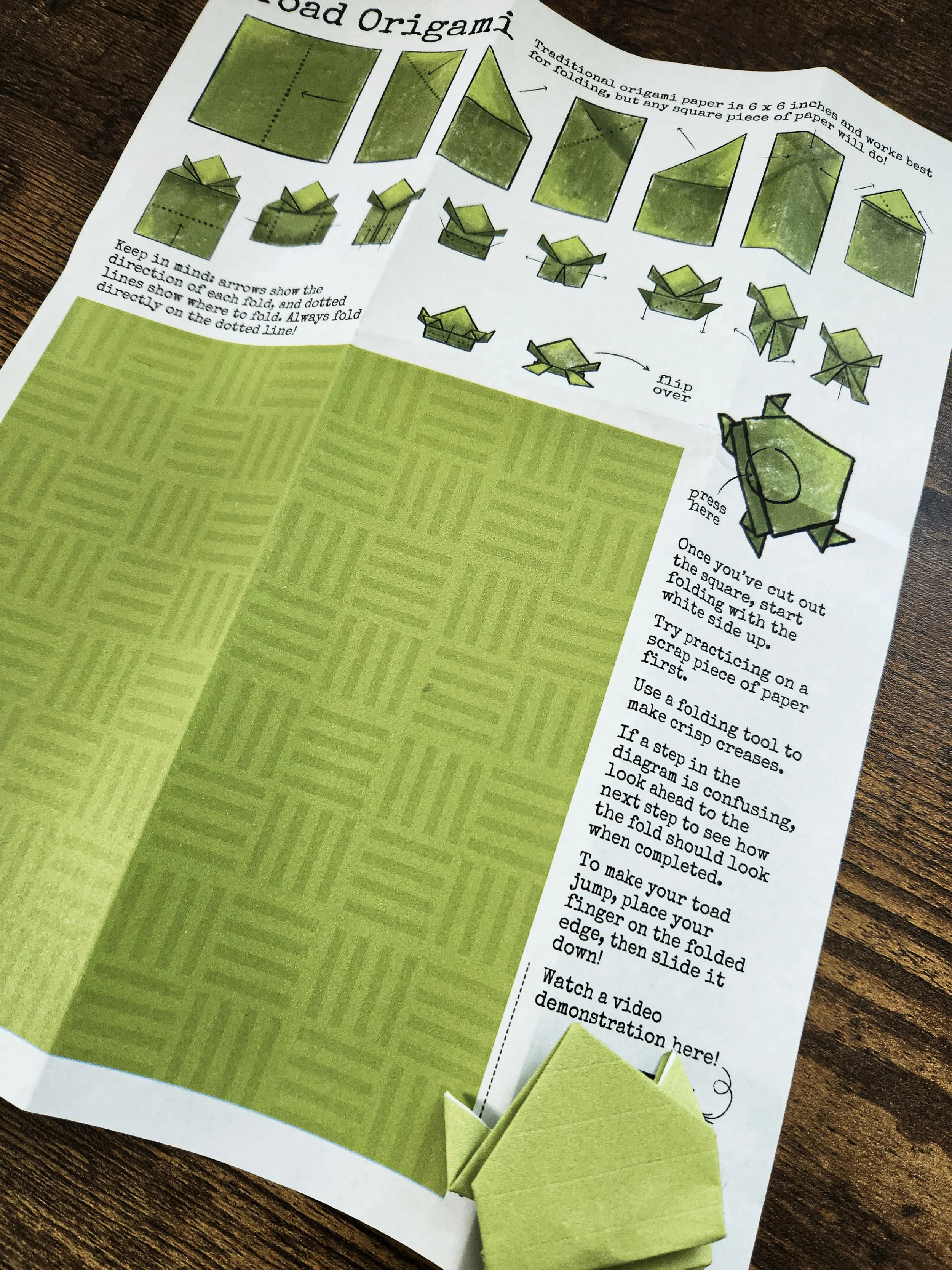 Close-up of printable origami toad instruction sheet