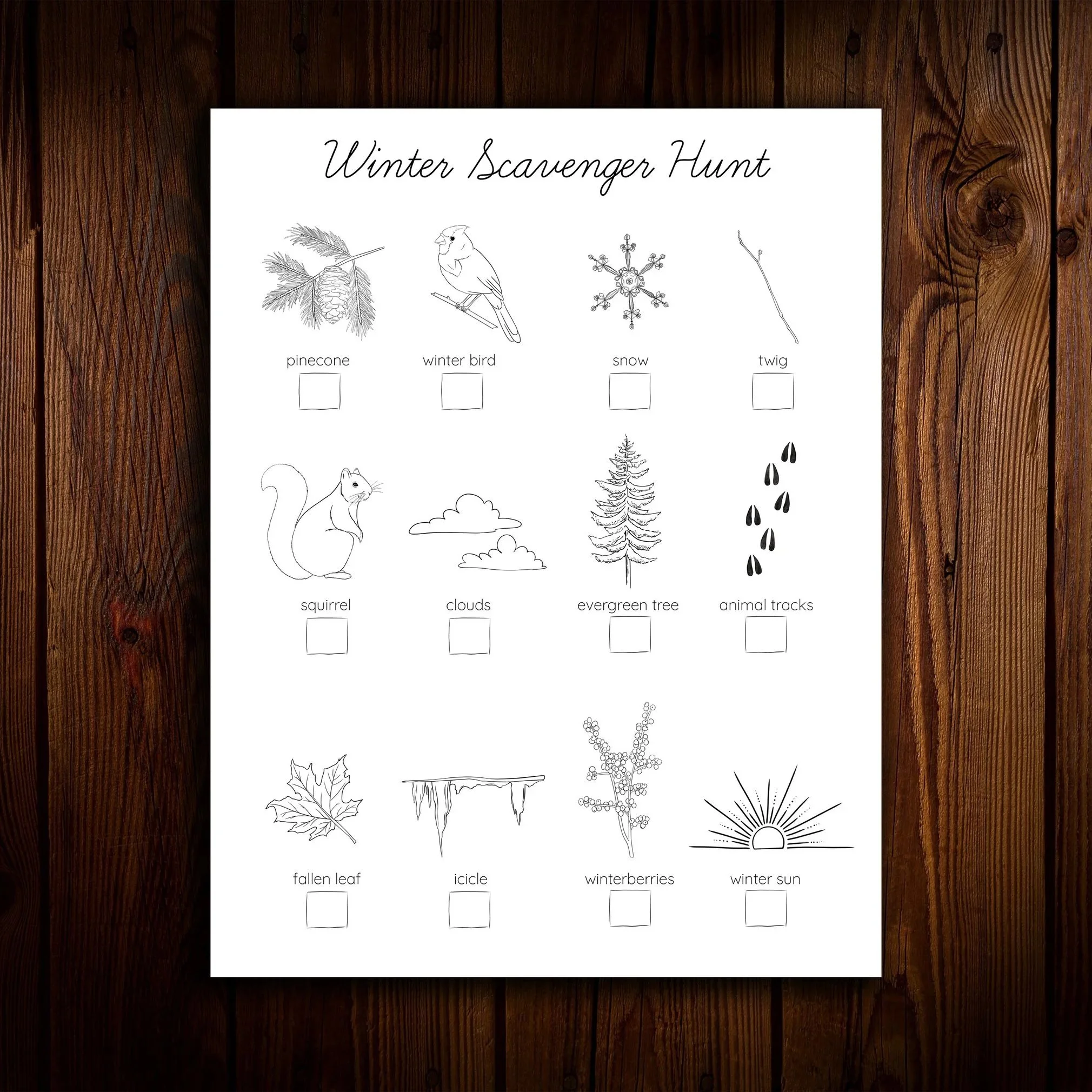 A winter-themed activity sheet titled "Winter Scavenger Hunt" featuring black and white illustrations of nature objects with labeled boxes underneath for marking. Items include pinecone, winter bird, snowflake, twig, squirrel, clouds, evergreen tree, animal tracks, fallen leaf, icicle, winterberries, and winter sun.