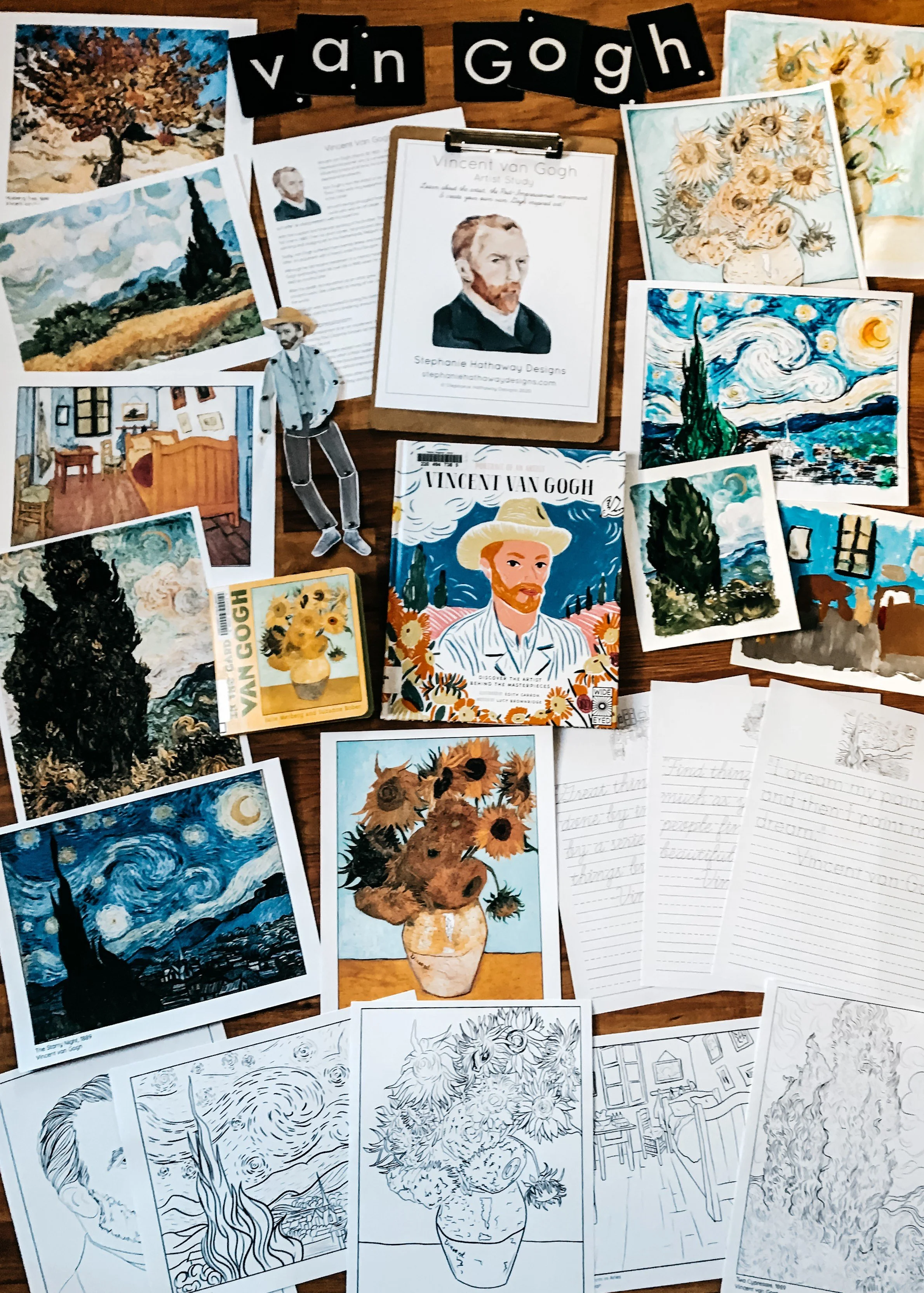 Flat lay image showing multiple pages from the Van Gogh Artist Study arranged on a tabletop to display lesson content and activities.