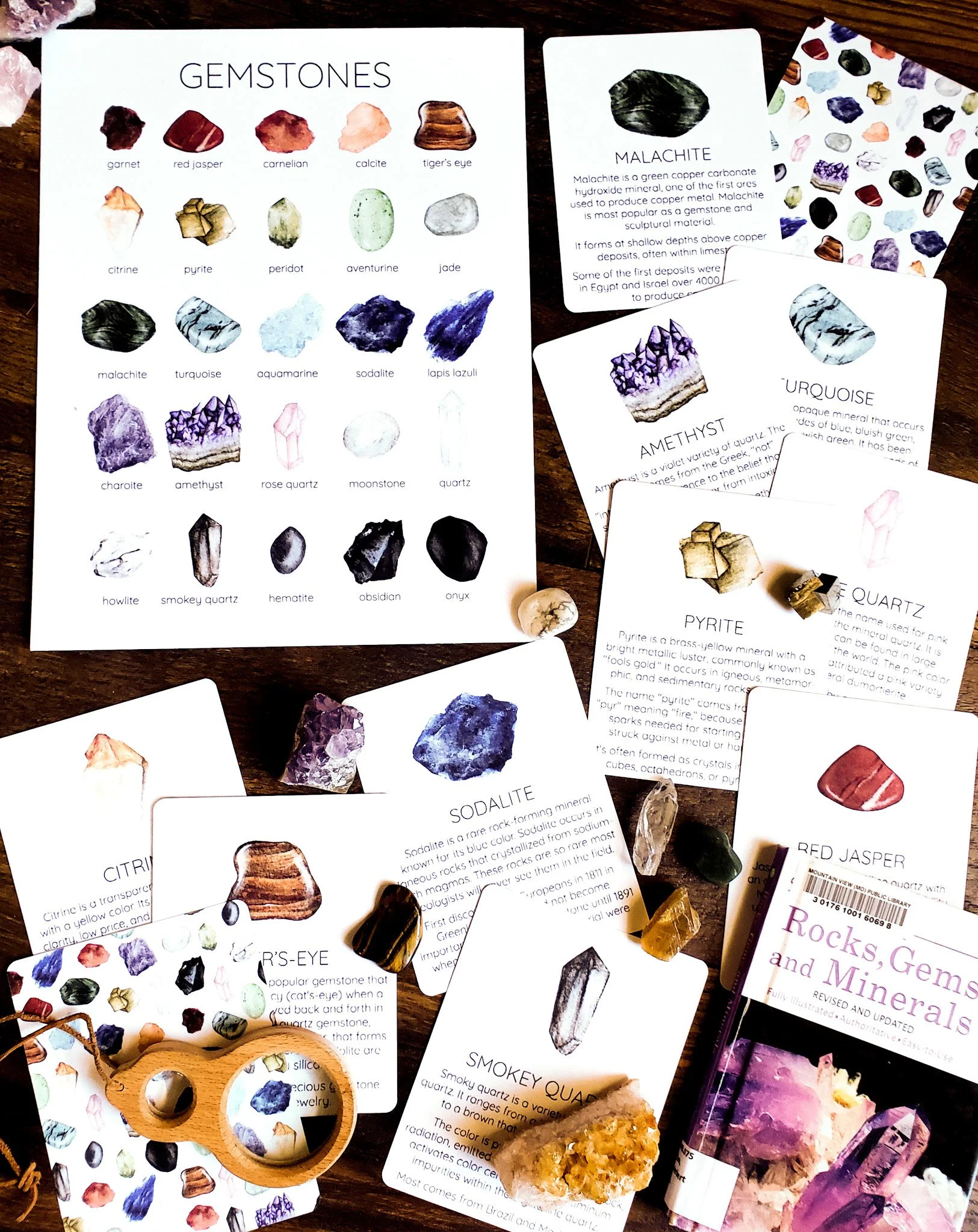 Flat lay image displaying pages focused on gemstones from the Rocks, Minerals & Gemstones Unit Study, including illustrations and activities.