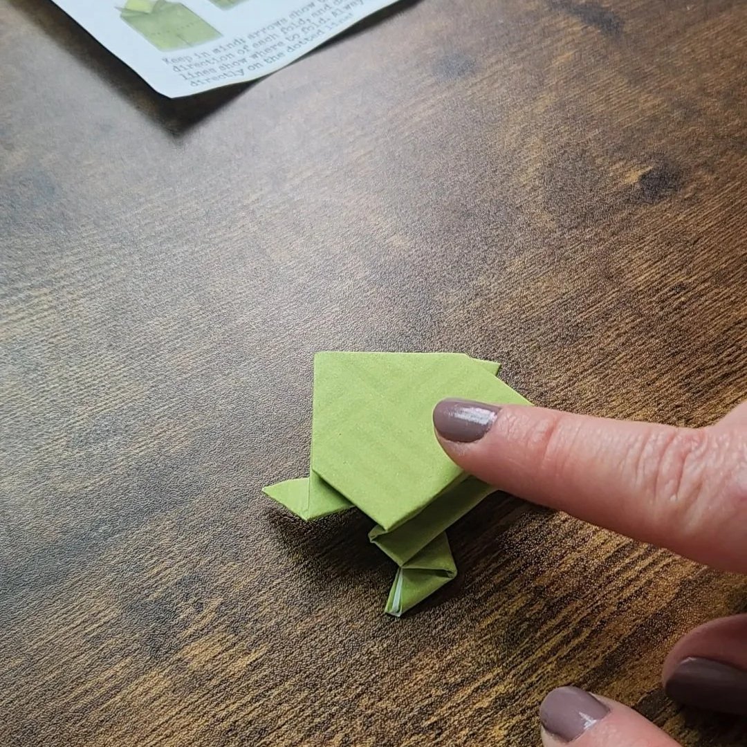 Close-up of completed origami toad paper craft