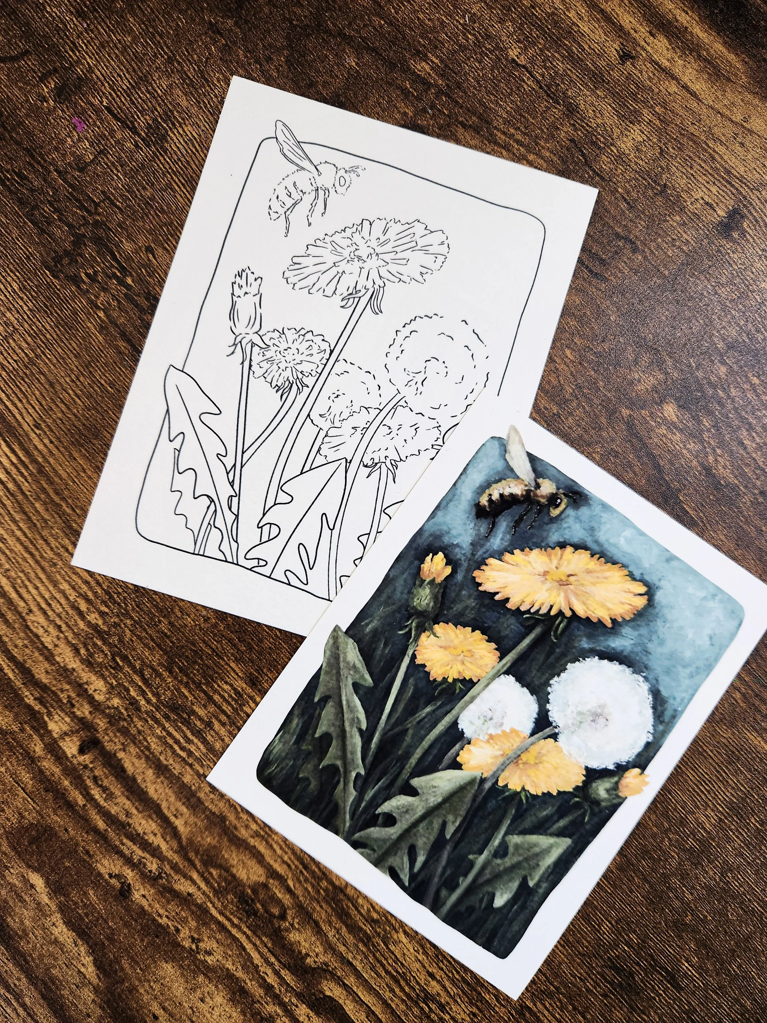 Dandelion art print designed as a postcard, featuring a gouache-style illustration on textured paper.