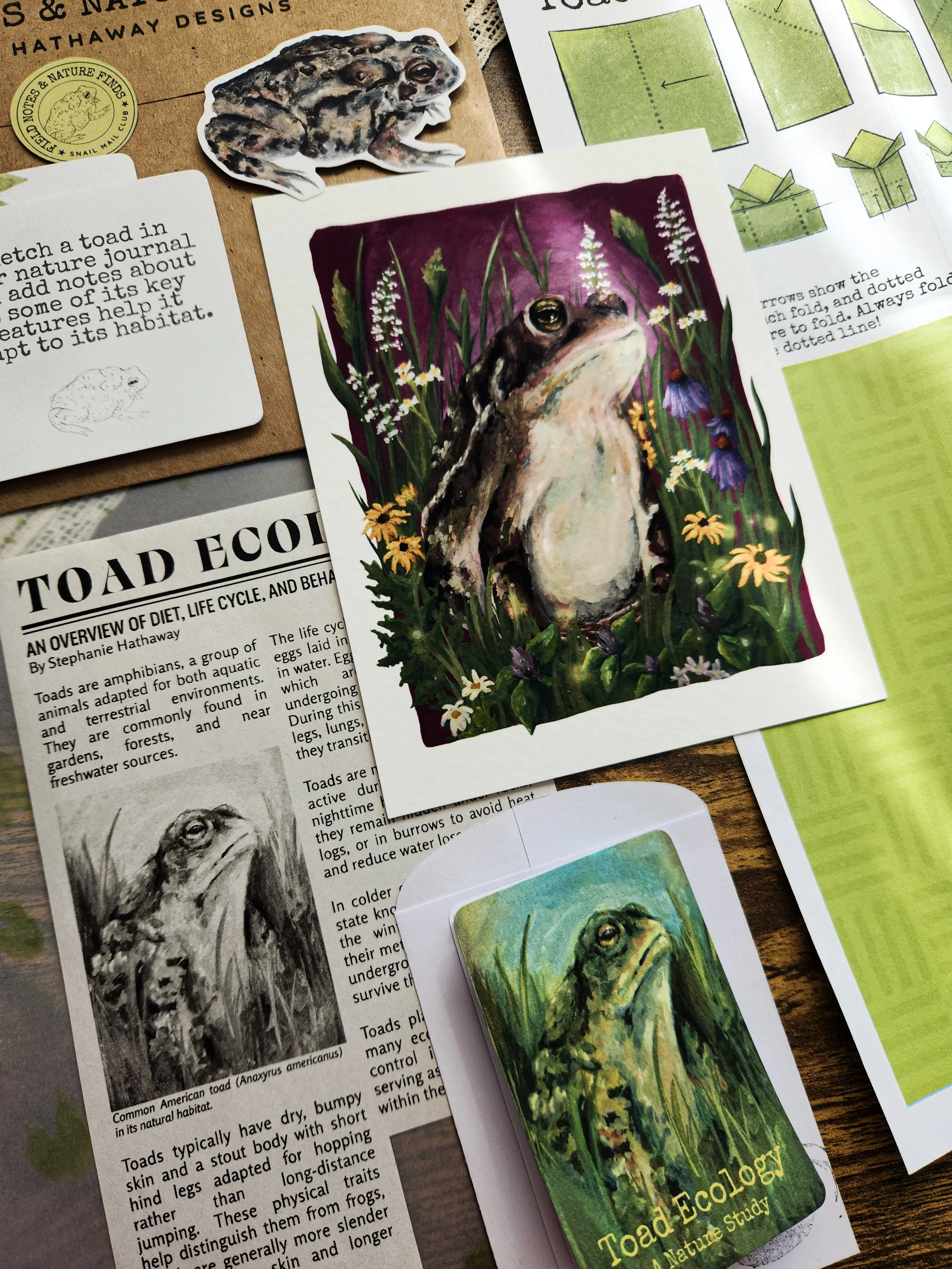 Flat lay of all toad-themed mail club items arranged together