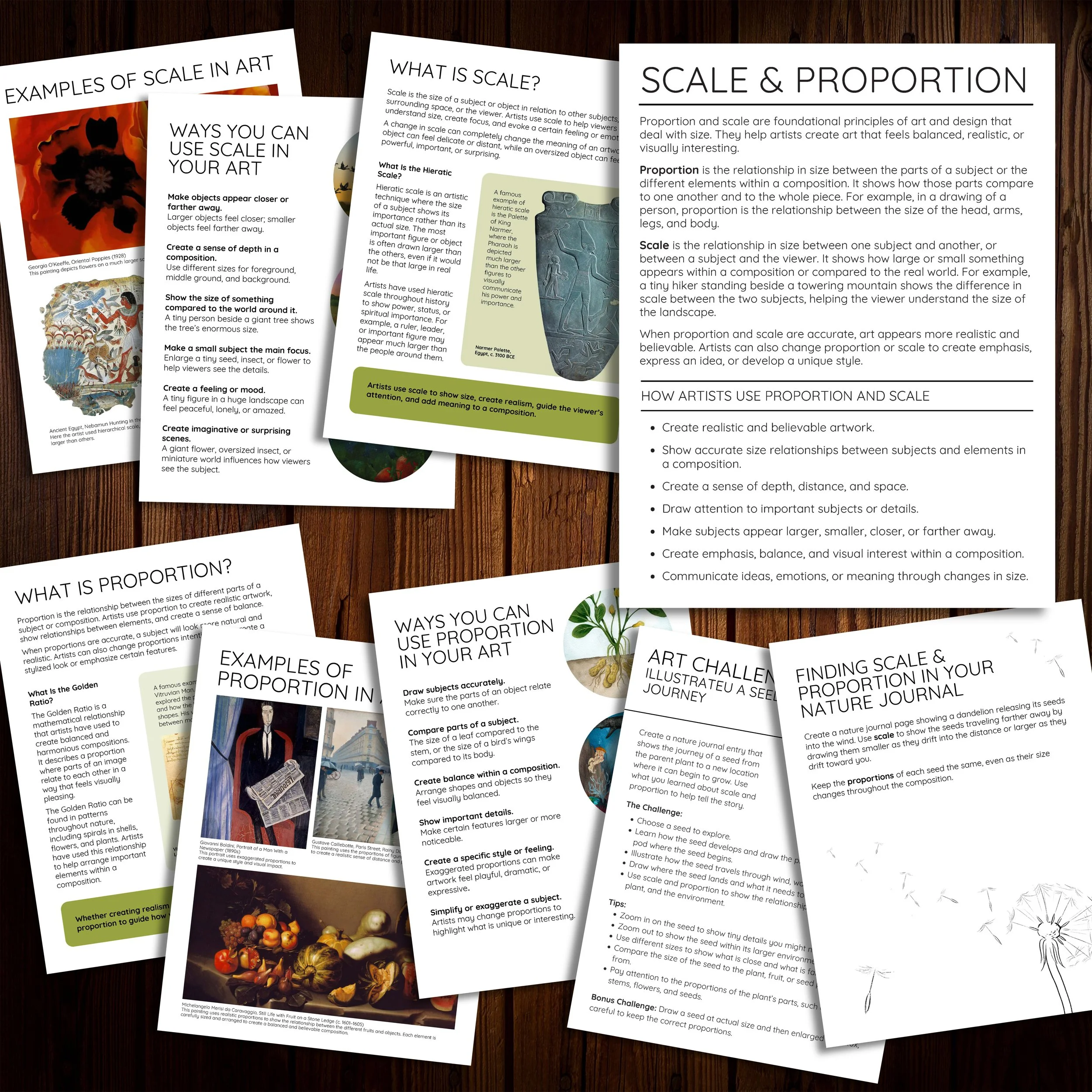 Mockup featuring pages from the lesson on using scale and proportion in nature journaling and art.