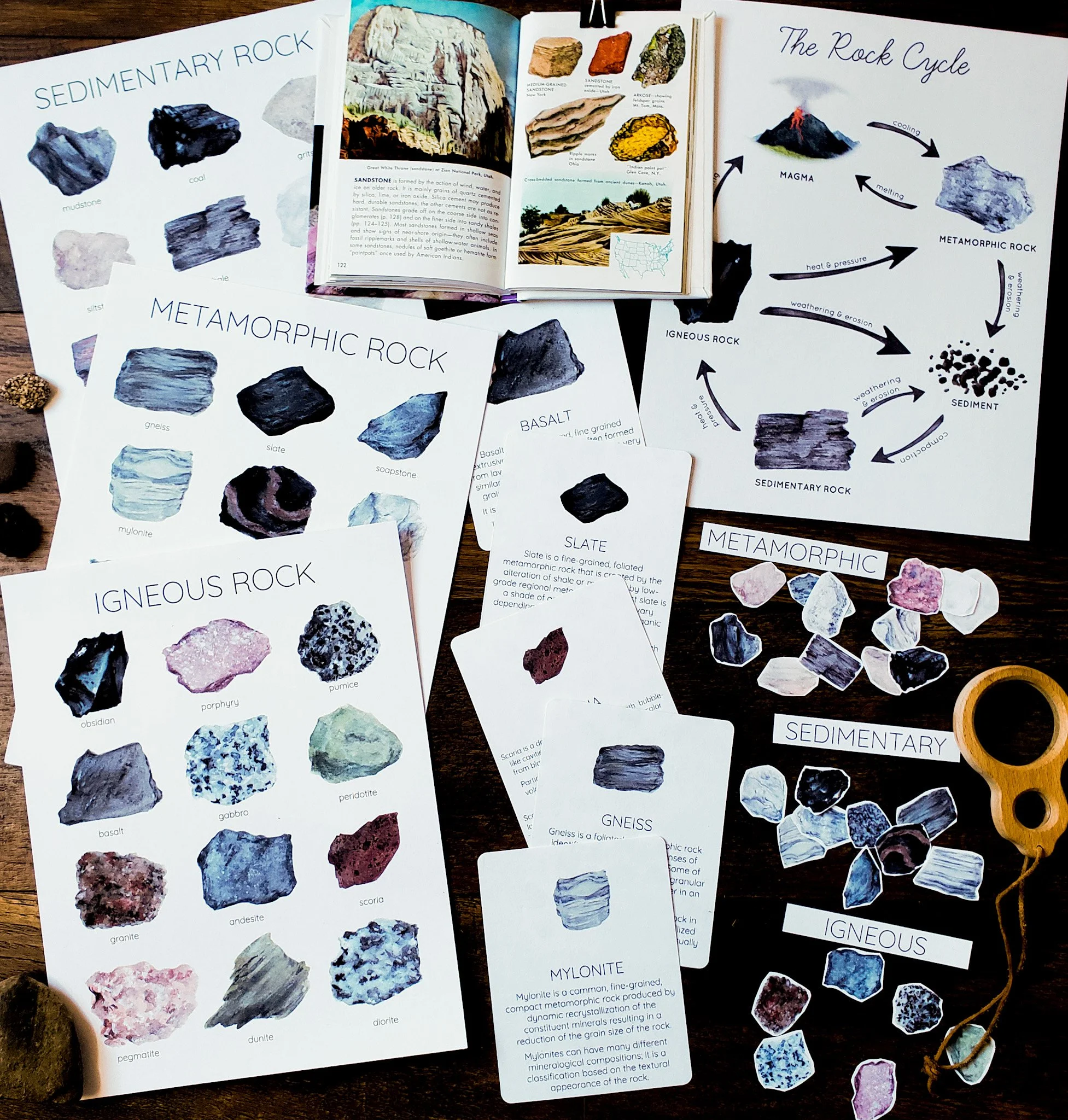 Flat lay image showing pages from the Rocks, Minerals & Gemstones Unit Study, including illustrated worksheets, identification activities, and study pages.