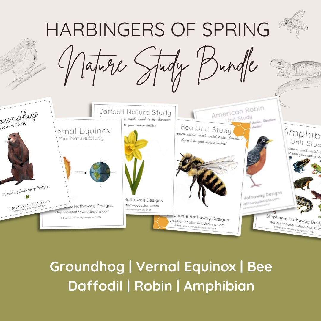 Cover image for the Harbingers of Spring Nature Study Bundle featuring the cover pages of 7 spring-themed homeschool studies.