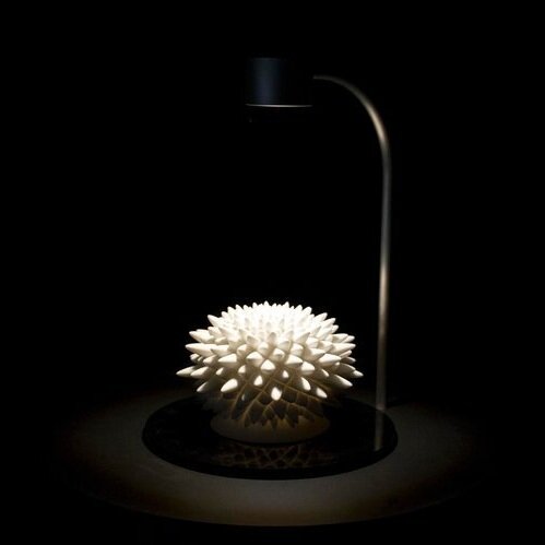 BLOOMS John EdmarkBlooms are 3D-printed sculptures designed to animate when spun under a strobe light. The rotational speed and the strobe light frequency are synchronized so that one flash occurs every time the bloom turns 137.5 degrees--the angular version of the golden ratio (0.618...).