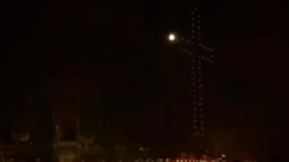 Massive Drone Cross Suspended Over Budapest