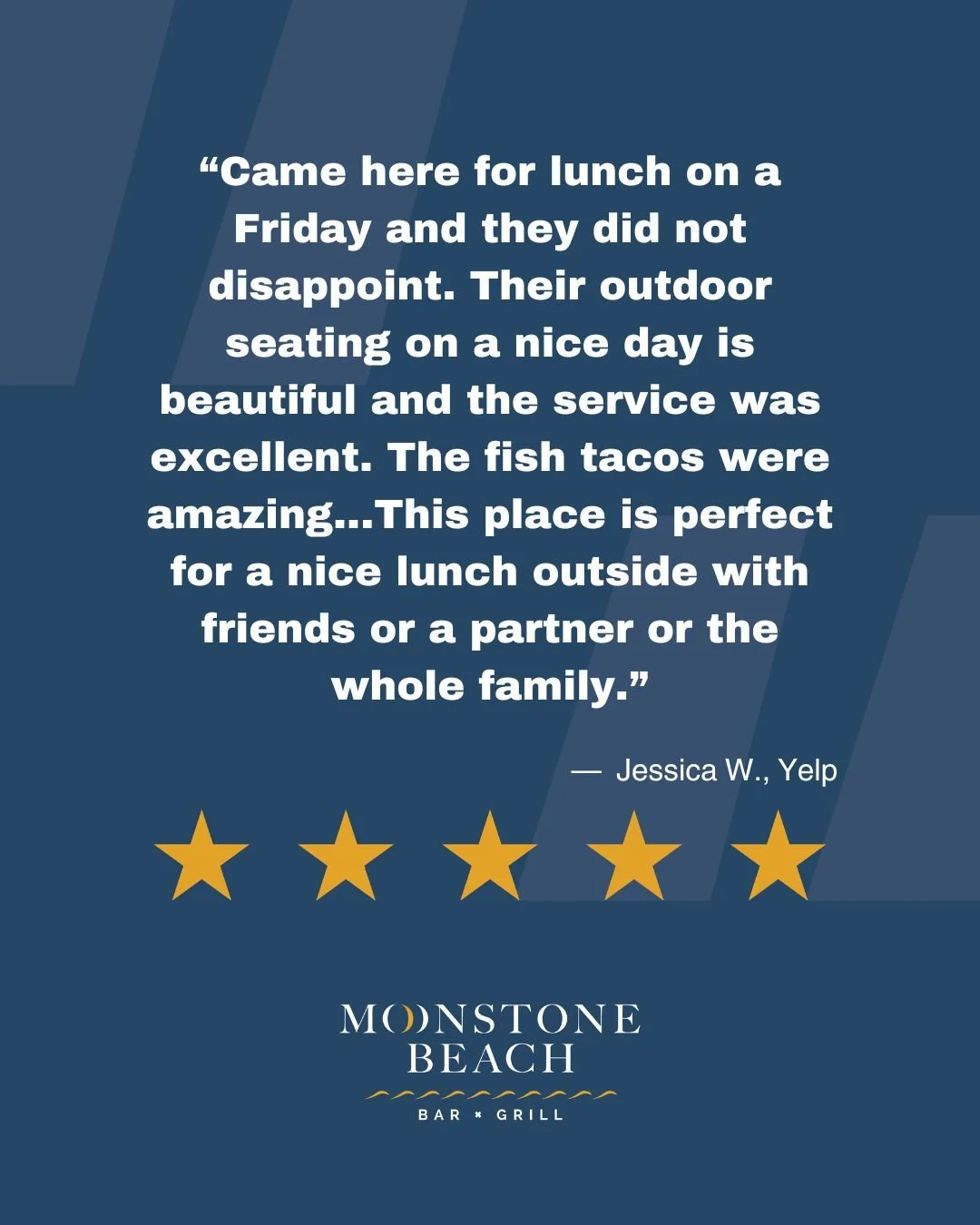 Thank you for your review, Jessica! 🌟

We're so happy you enjoyed your lunch on our water-facing patio. We hope to see you again soon! 🥰