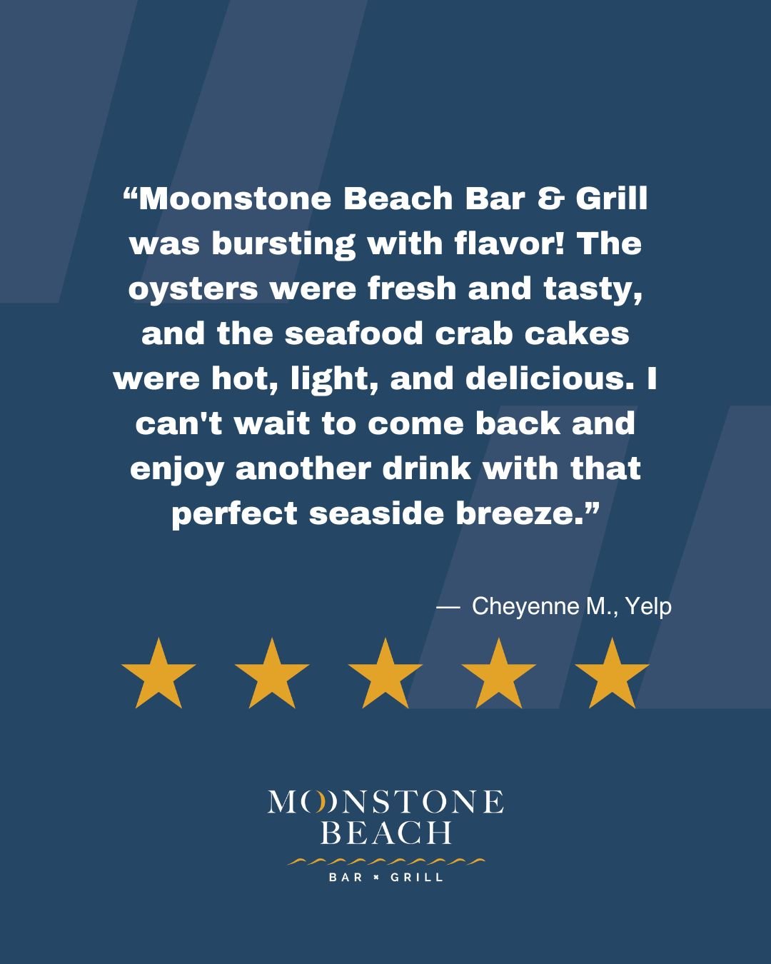 Thank you so much for the wonderful review! We&rsquo;re thrilled to hear you loved the oysters, crab cakes, and that unbeatable seaside breeze 🌊

We can&rsquo;t wait to welcome you back for another drink with an ocean view! 🥂