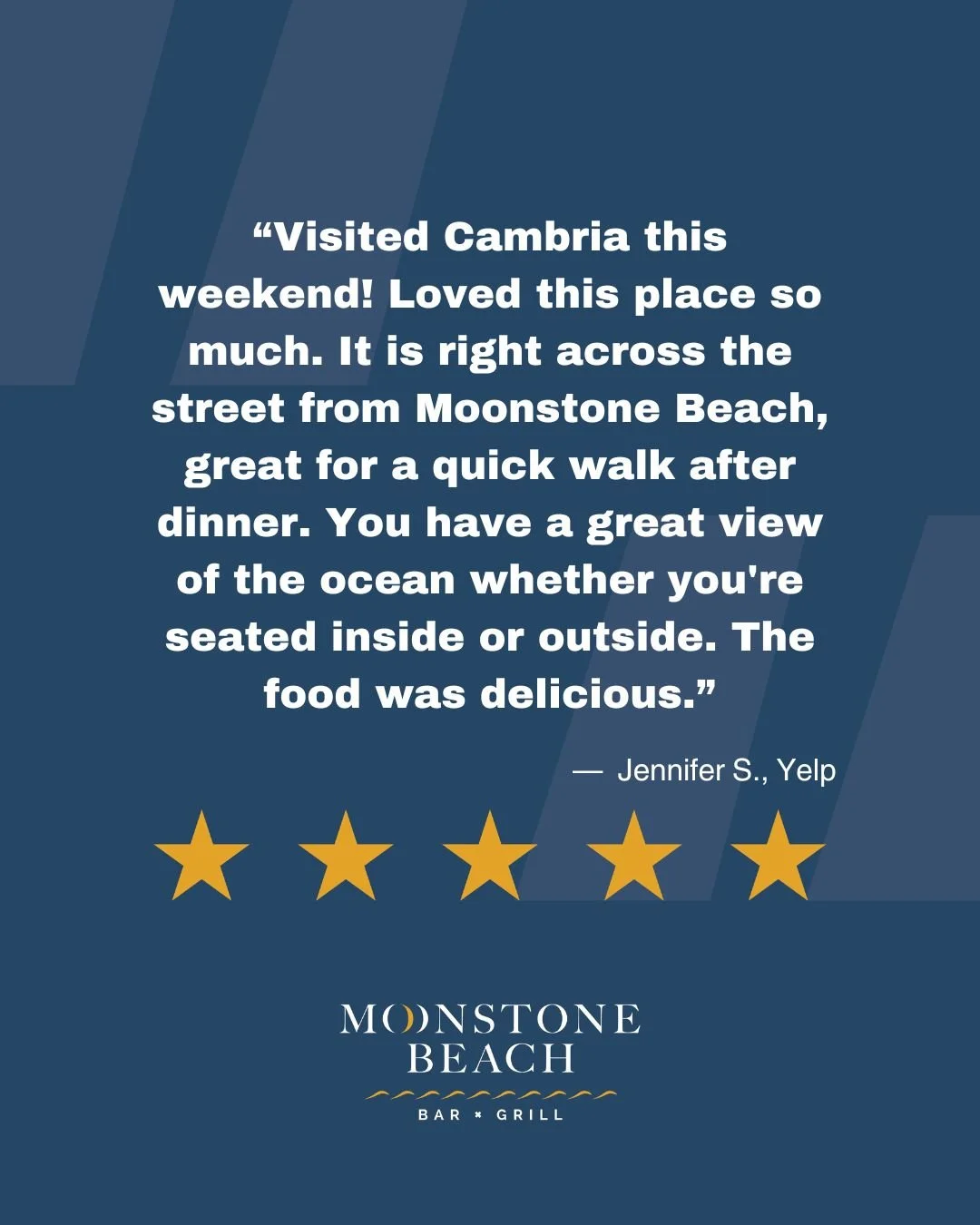 Thank you so much for your kind review! 🤩 

We're so glad you enjoyed your visit to Cambria and that our location across from Moonstone Beach made it easy to take a relaxing walk after dinner 🏖️ 

We truly appreciate you taking the time to share yo