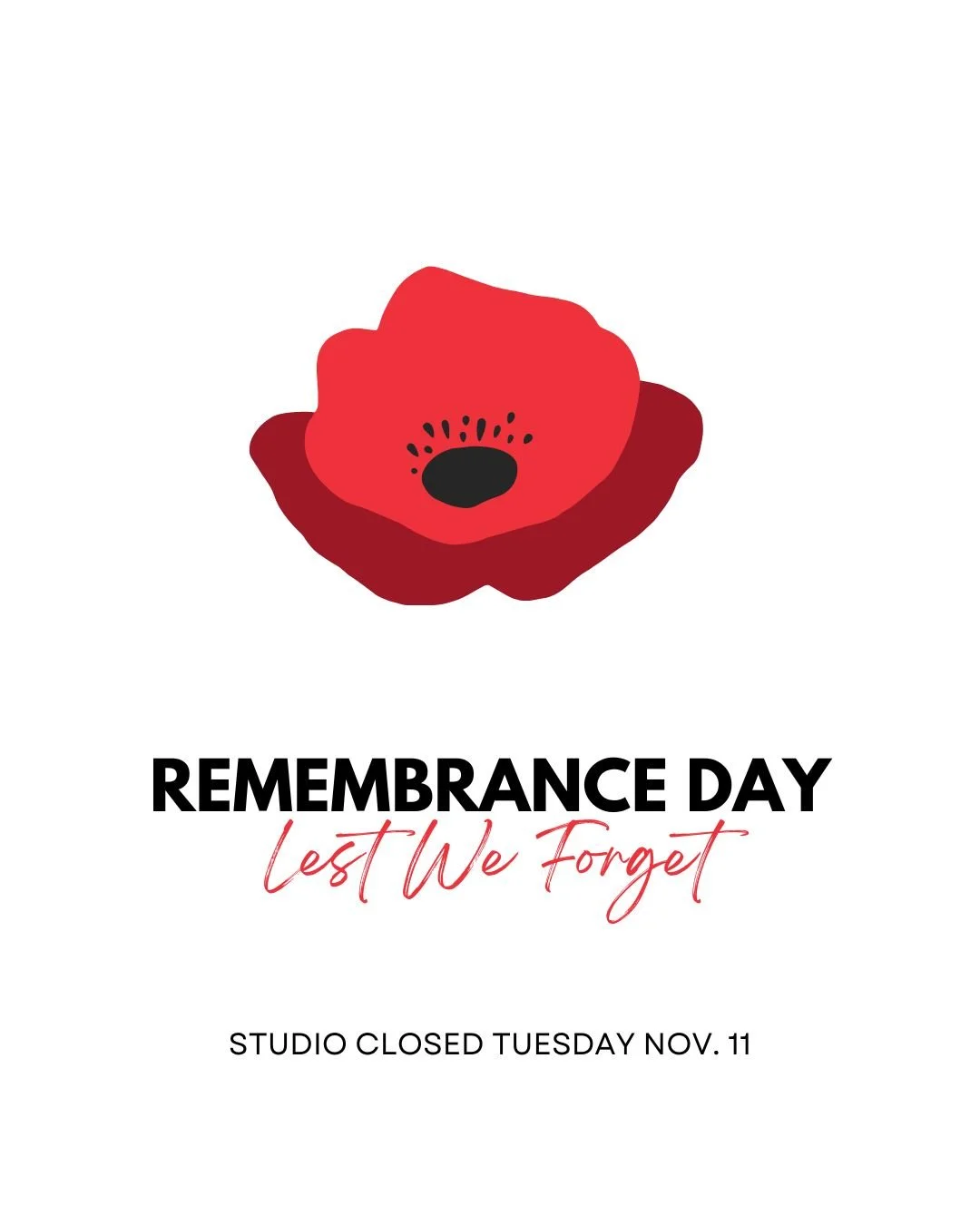 In honour of Remembrance Day, our studio will be closed today as we take time to remember and reflect. 🌺 Lest we forget.