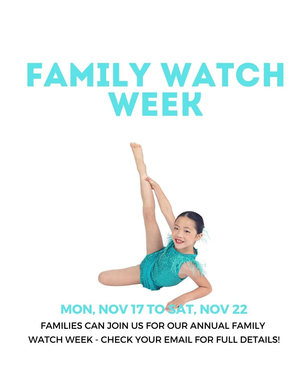 Family Watch Week Begins Today!

&bull; Monday, November 17 to Saturday, November 22 &bull;

🤗 We&rsquo;re so excited to share this special week with our Season 13 teachers, dancers &amp; parents!

&bull; One parent per child is invited into the cla