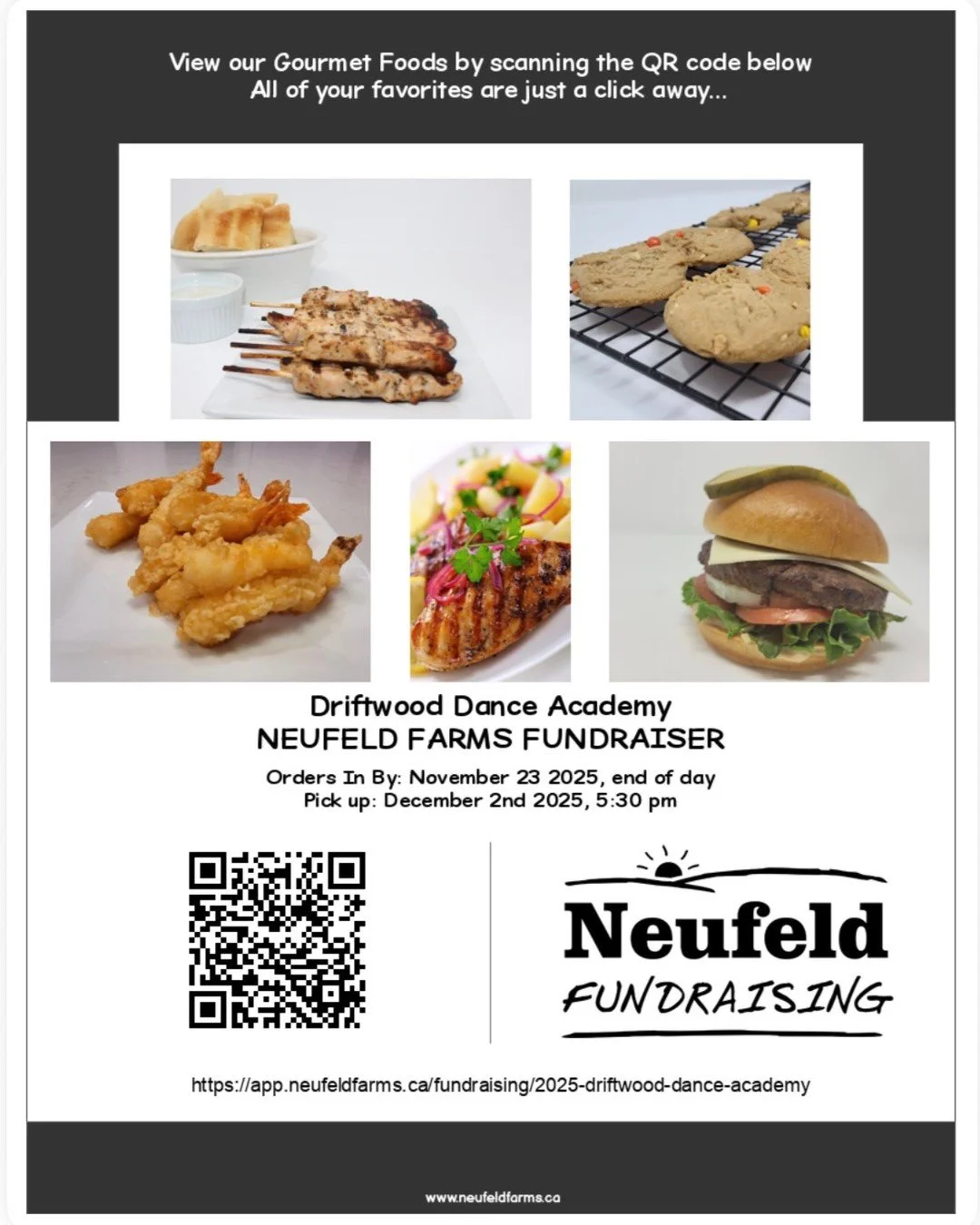 🍁FRIENDLY REMINDER: the ordering window for our Neufeld Farms fall fundraiser will be closing at end of day on Sunday, November 23rd.

OVER 85 ITEMS TO CHOOSE FROM...
&diams;​ Mozzarella sticks, Pakoras, Wings
&diams;​ Salmon, Turkey, Beef, Chicken
