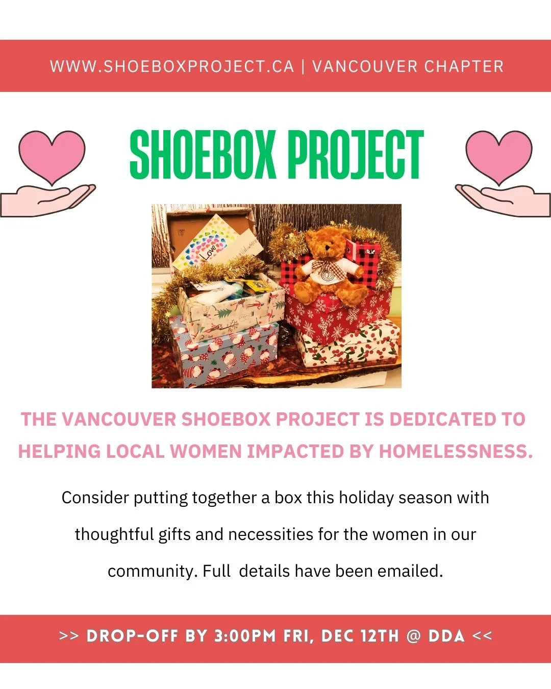 🎁 Final Call for Shoeboxes!

💞 Each holiday season, DDA families lovingly prepare special gift boxes to be shared with women in need in our community.

🌟 Please be sure to get your shoebox to the studio by FRIDAY - Dec 12 by 3pm.
_________________
